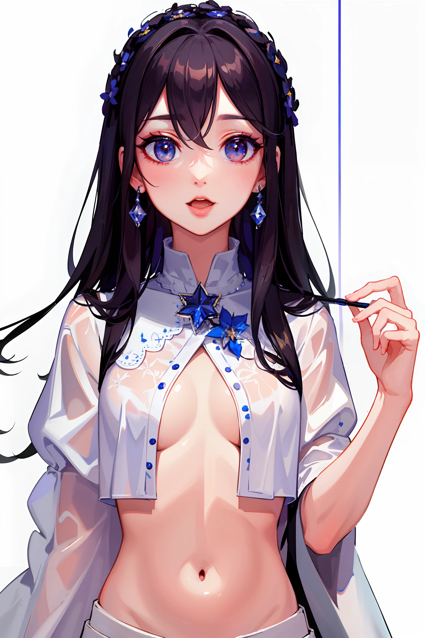 (masterpiece:1.3),(high quality:1.2),(finely detailed:1.2),(beautiful eyes:1.5)，star-shaped pupil,portrait,Tongue out,Bare,midriff,bule eyes