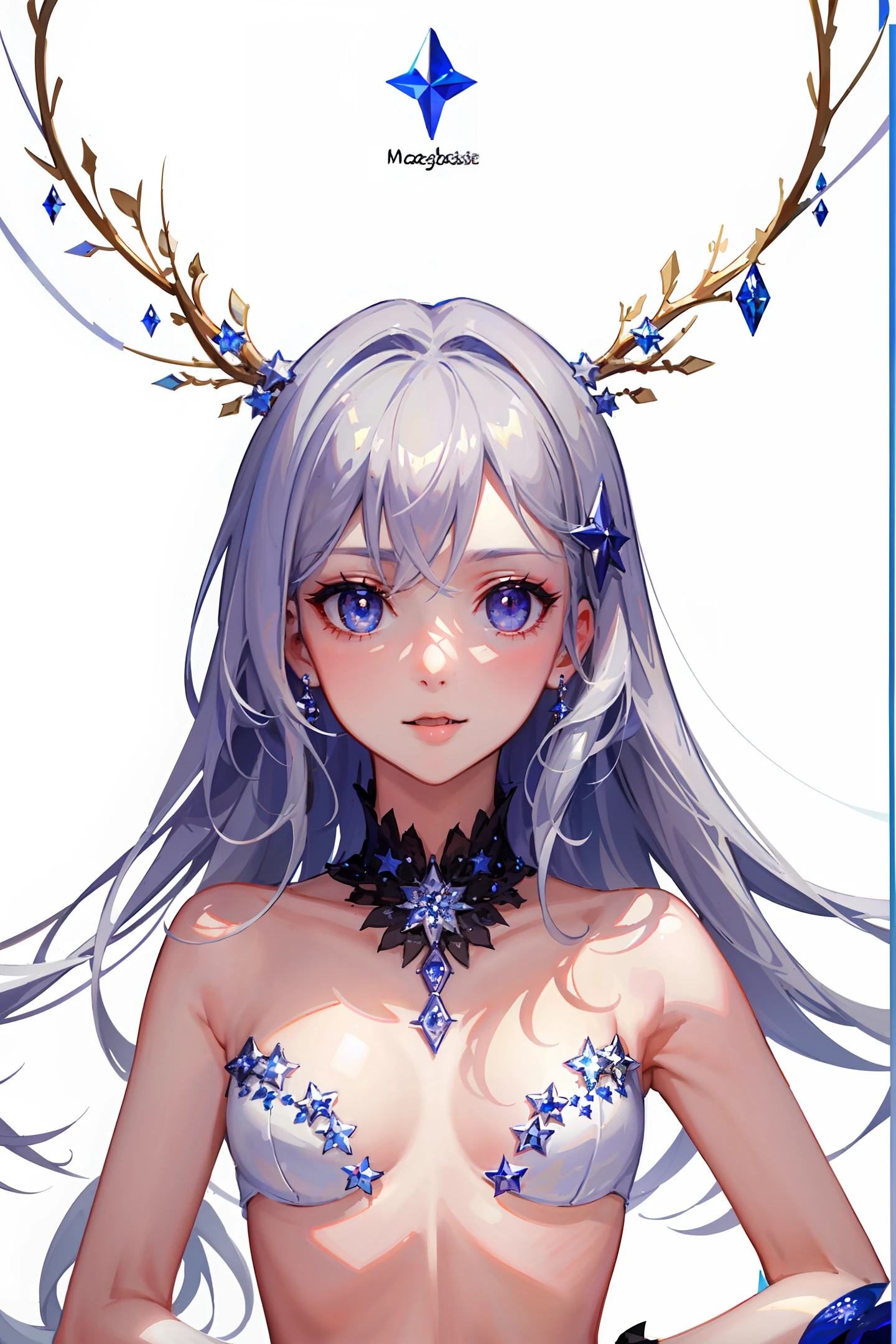 (masterpiece:1.3),(high quality:1.2),(finely detailed:1.2),(beautiful eyes:1.5),star-shaped pupil,portrait,stick out your tongue:1.2,Bare midriff,solo,bule eyes,embarrasse,Long white haird,lustrous skin