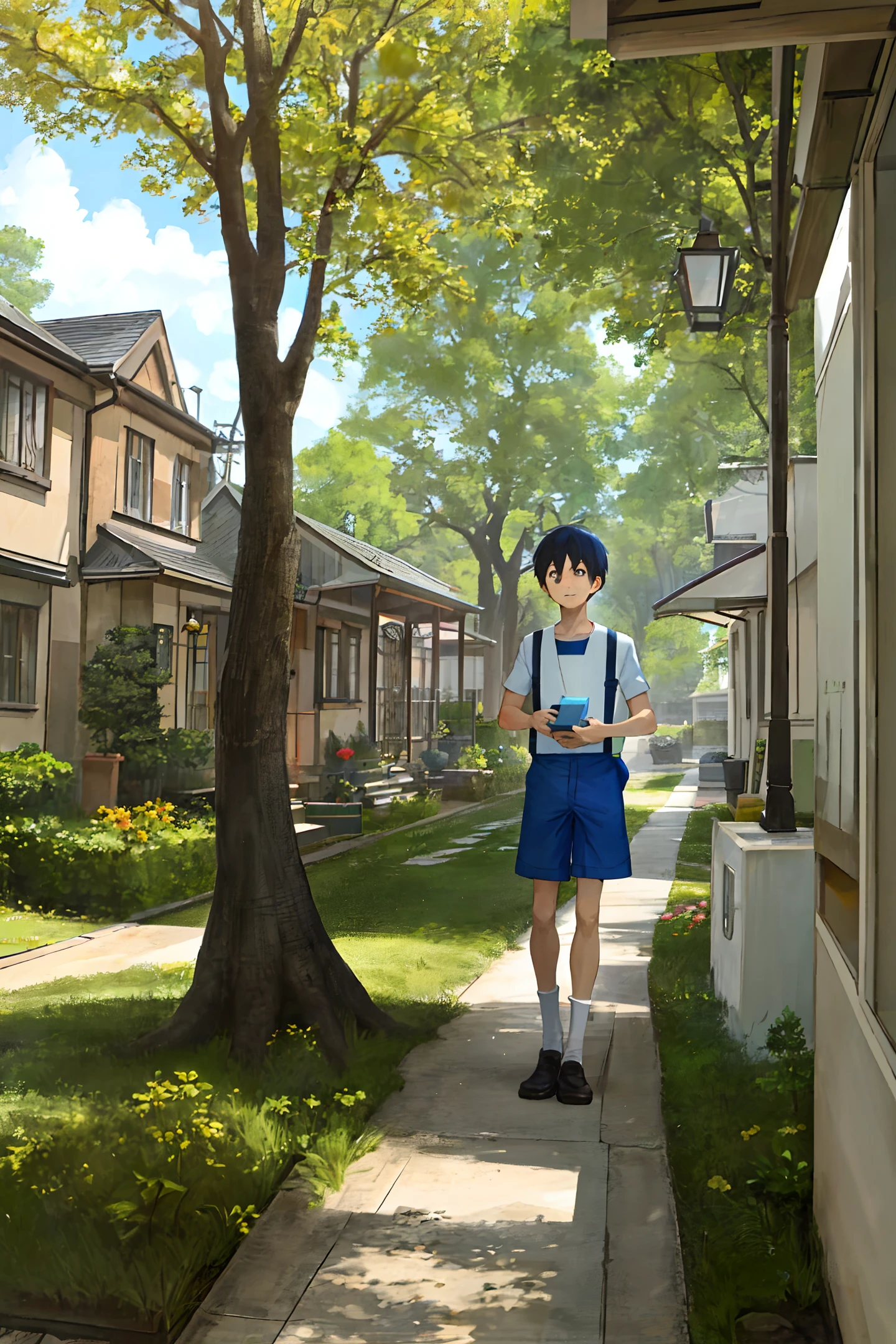Doraemon holds the Pandora's Box in his hand, curious to open it and see what's inside. He stands in the center of the small town, surrounded by European-style buildings and green trees and flowers. The sunshine is bright, making the whole scene warm and comfortable.
