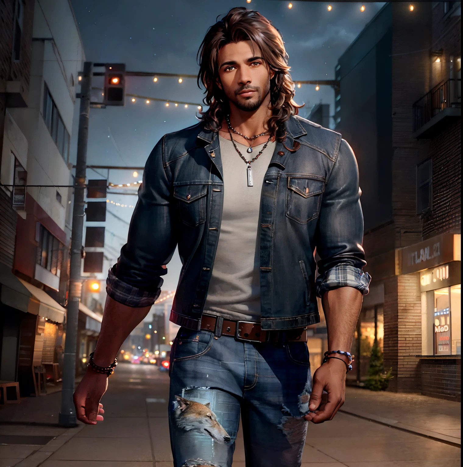 male, muscular, brown skin,  shoulder-length brown curly hair, blue jeans, plaid flannel shirt, wearing shell necklace, urban background, nighttime, in a dark alley, with a large wolf, photorealistic, 8k, Unreal engine, highly detailed, octane render,
