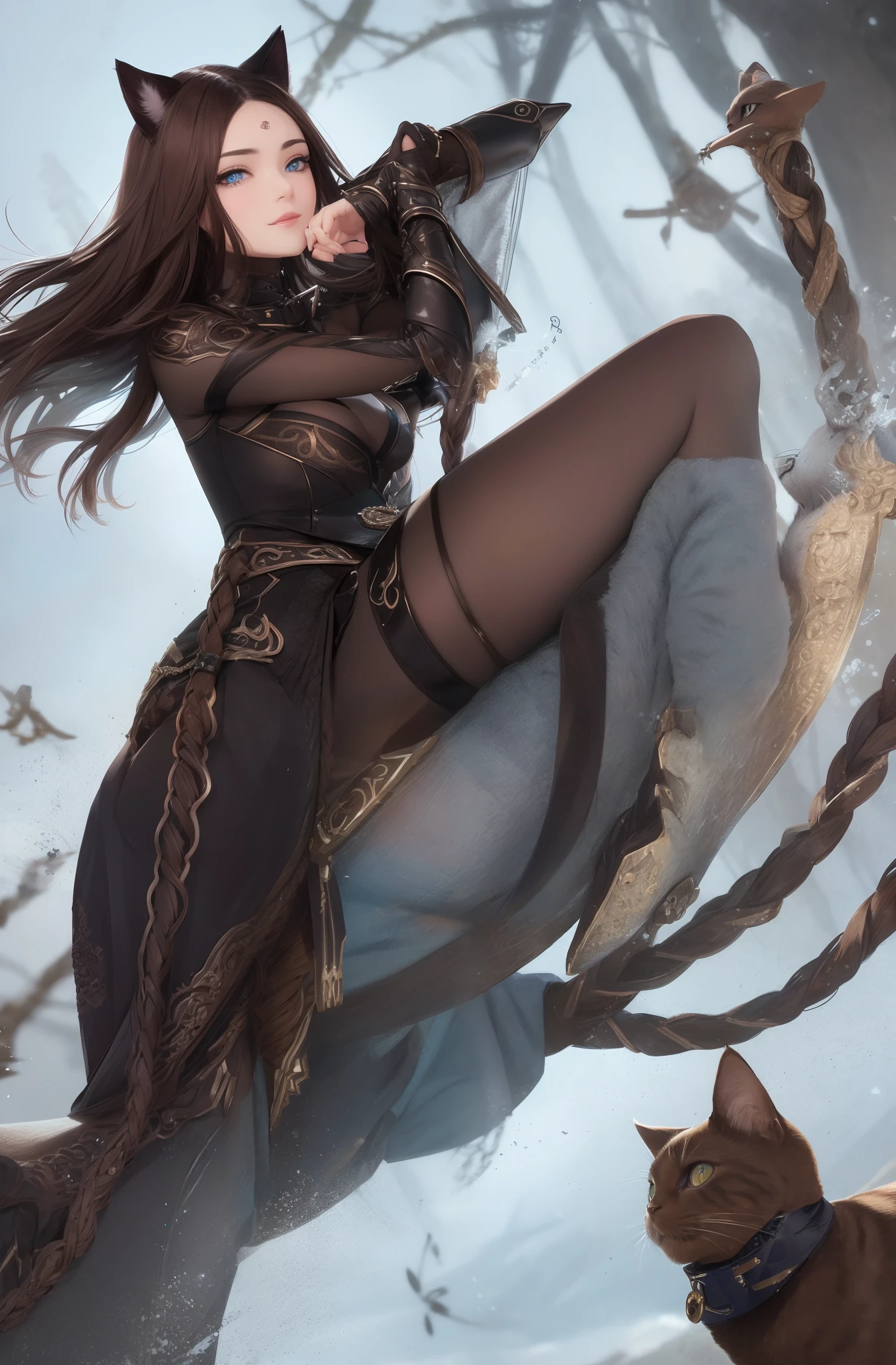 best quality, masterpiece, cat
woman,
braided bronze brown hair,
azure eyes,
