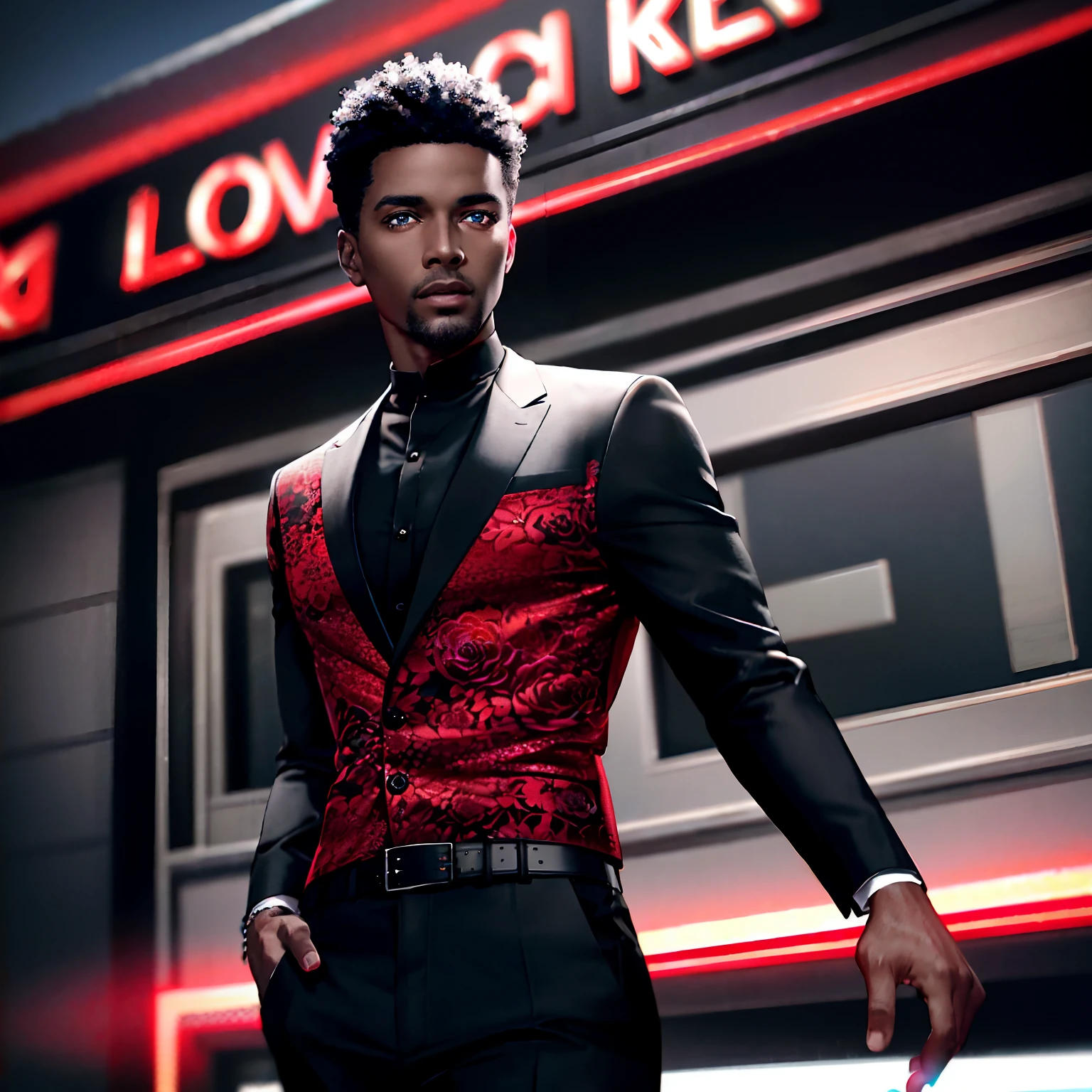 Outdoors, black mature male, wearing black and red floral shirt, wearing black dress pants, blue eyes, glowing eyes, short hair, grey skin, club environment, night, blue neon signs, 8k, Unreal engine, highly detailed, photorealistic