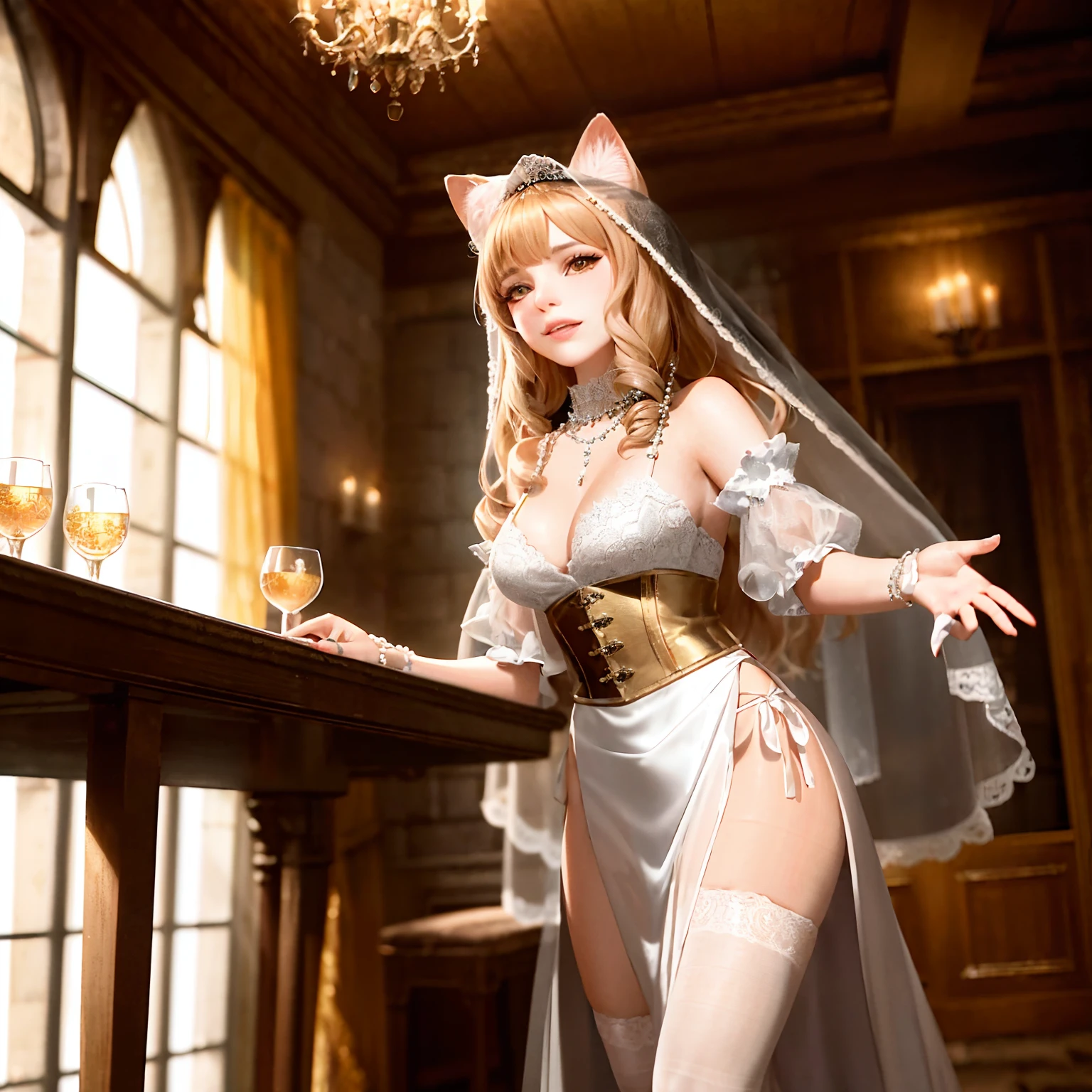 Scene structure: Animal-personified tabby cat as a woman with a tabby face and fur and human body. Dressed in veils and long strings of pearls, in a medieval tavern environment, 8k, Unreal engine, highly detailed, photorealistic, octane render