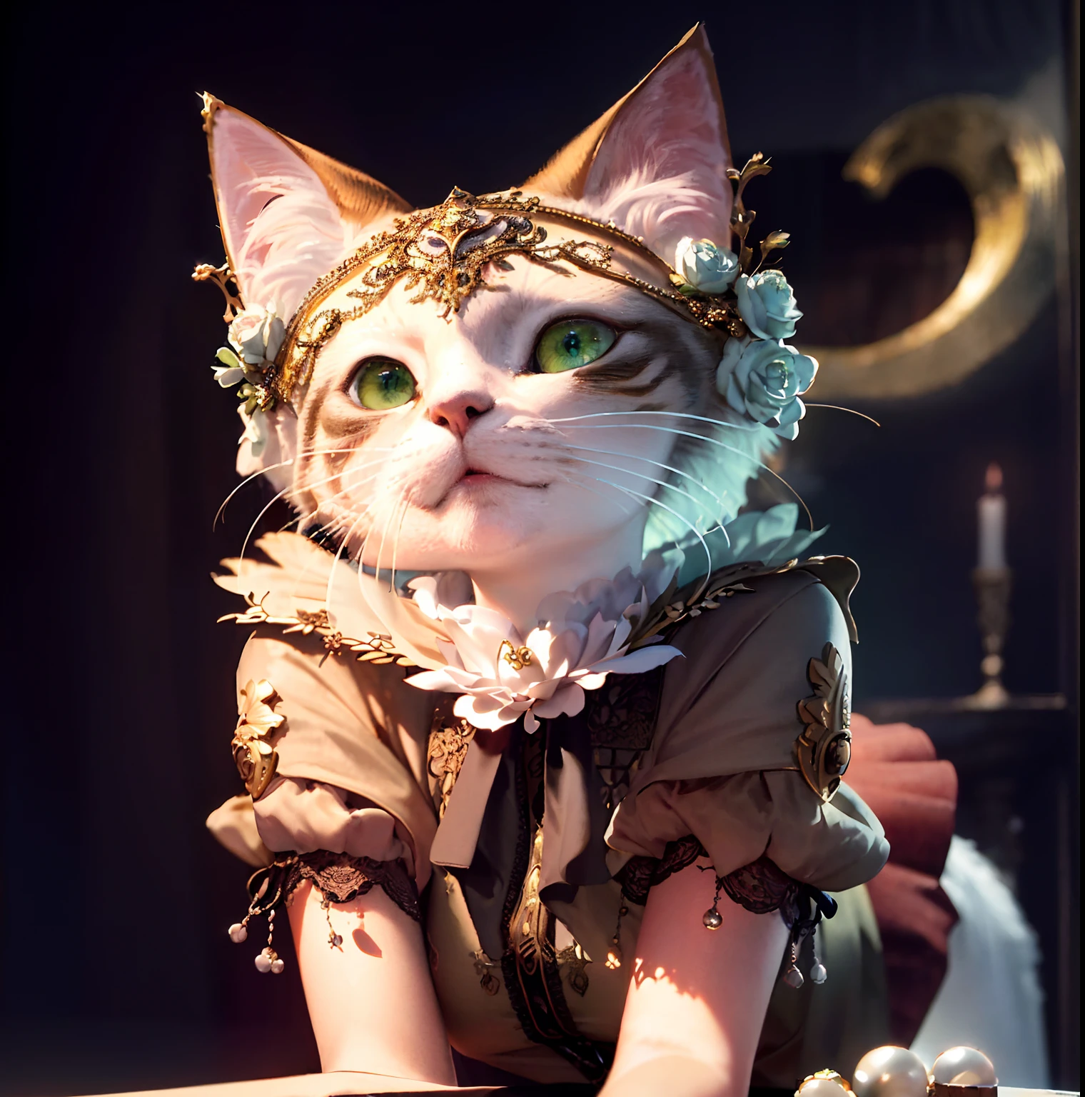 anthropomorphic, woman with cat head, human female body, short hair, green eyes, masterpiece, ((ultradetailed))，intricate (high detail:1.1) unreal engine, highest quality, dramatic pose, cinematic lighting, medieval tavern background, clothed in veils and strings of pearls
