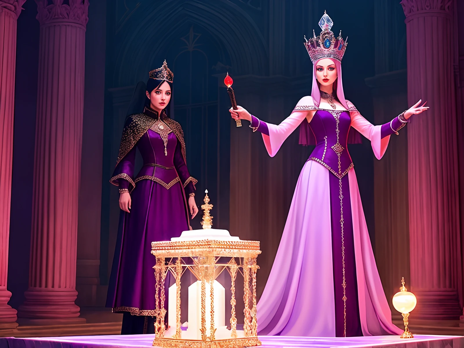 The glamorous queen, villain, cold, slender, 1.7 meters tall, wearing a red gauze dress, high collar, holding a ritual dagger and a crystal ball, with a condescending look, standing on a white marble platform for sacrifices, with lights behind her A purple complex magic circle