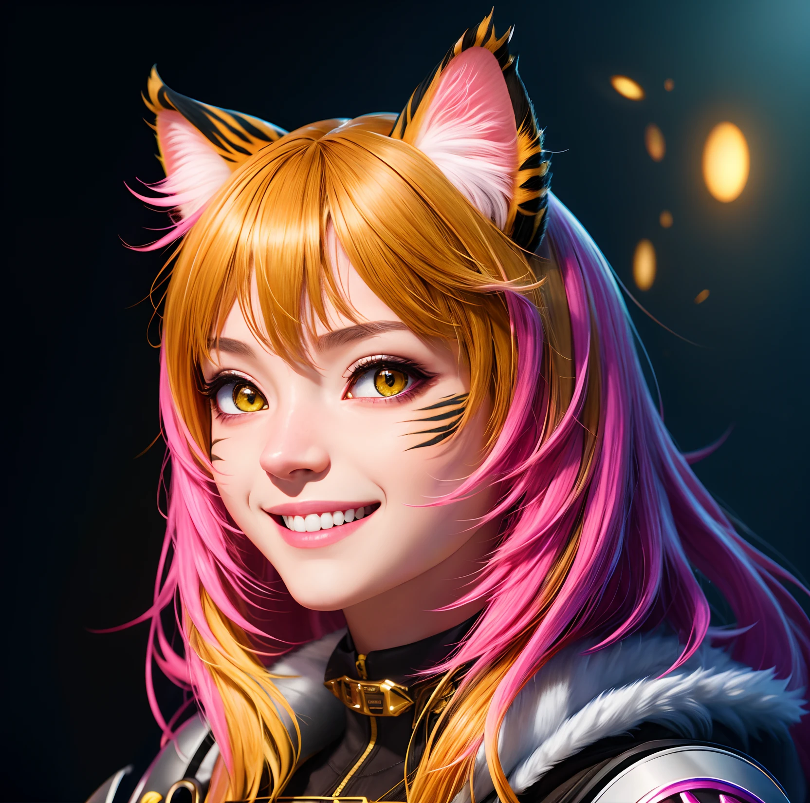 cat ear, cat girl, yellow brown and black hair, Pink jacket, yellow eyes, furry, smile, happy, tiger, complex 3d render ultra detailed, 150 mm, beautiful studio soft light, rim light, vibrant details, luxurious,elegant, beautiful background, octane render, H. R. Giger style, 8k, best quality, masterpiece, illustration, extremely detailed ,CG ,unity ,wallpaper, (realistic, photo-realistic:1.37),Amazing, finely detail, masterpiece,best quality,official art, extremely detailed CG unity 8k wallpaper, absurdres, incredibly absurdres,bright color, flashy,powerfull color