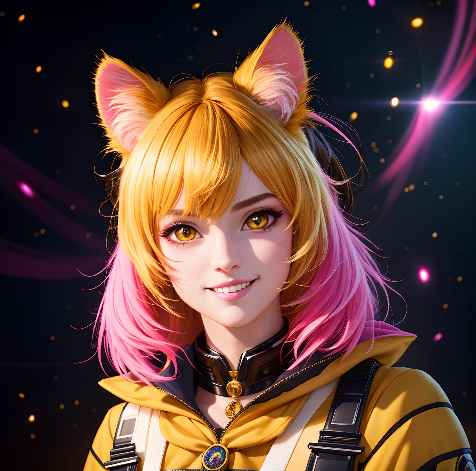 cat ear, cat girl, yellow brown and black hair, Pink jacket, Pink cloth, yellow eyes, furry, smile, happy, tiger, complex 3d render ultra detailed, 150 mm, beautiful studio soft light, rim light, vibrant details, luxurious,elegant, beautiful background, octane render, H. R. Giger style, 8k, best quality, masterpiece, illustration, extremely detailed ,CG ,unity ,wallpaper, (realistic, photo-realistic:1.37),Amazing, finely detail, masterpiece,best quality,official art, extremely detailed CG unity 8k wallpaper, absurdres, incredibly absurdres,bright color, flashy,powerfull color