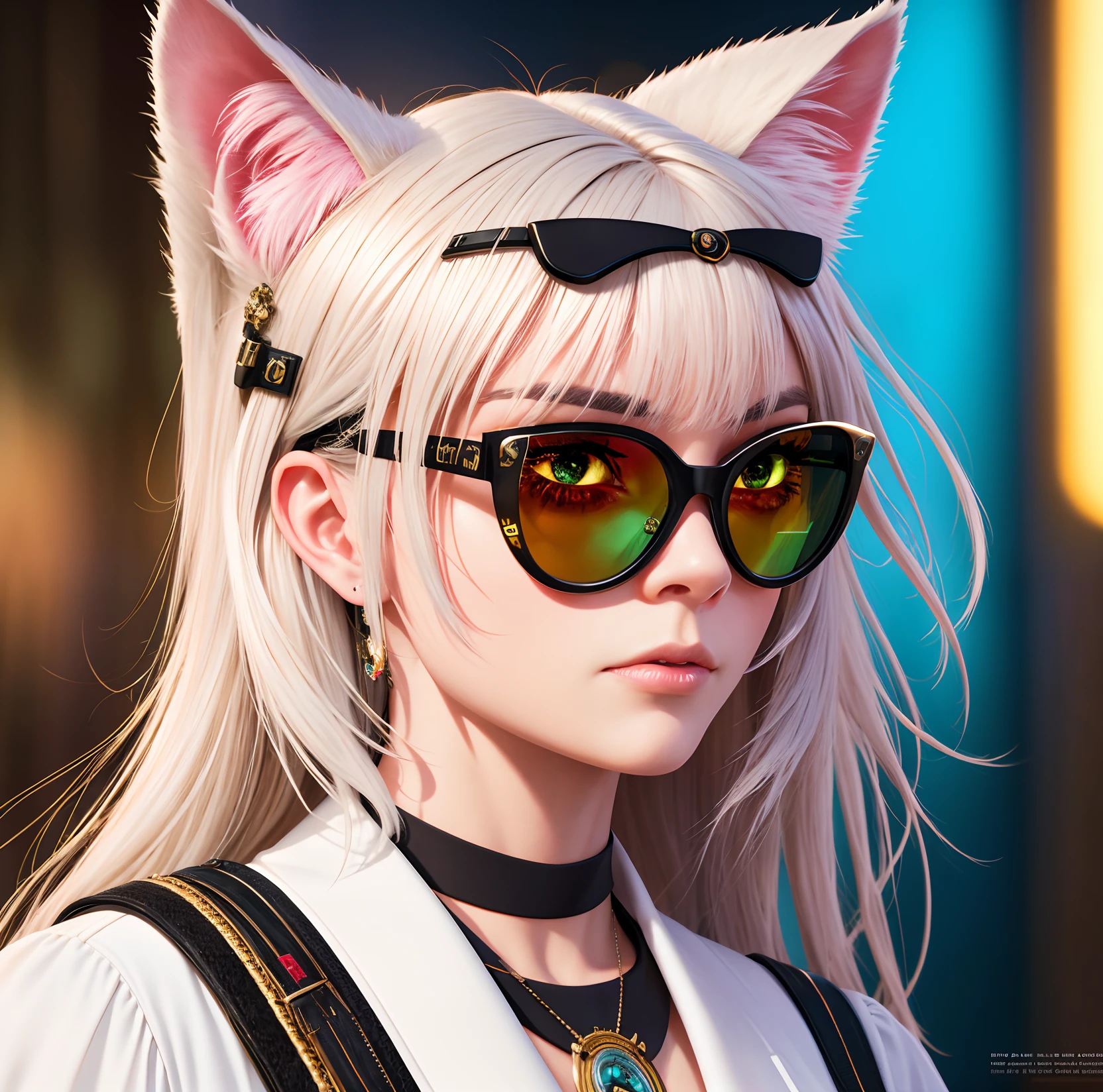 cat ear, cat girl, dark gray hair, cat leash, Medal, sunglass, furry, angry, swag, complex 3d render ultra detailed, 150 mm, beautiful studio soft light, rim light, vibrant details, luxurious,elegant, beautiful background, octane render, H. R. Giger style, 8k, best quality, masterpiece, illustration, extremely detailed ,CG ,unity ,wallpaper, (realistic, photo-realistic:1.37),Amazing, finely detail, masterpiece,best quality,official art, extremely detailed CG unity 8k wallpaper, absurdres, incredibly absurdres,bright color, flashy,powerfull color. simple background