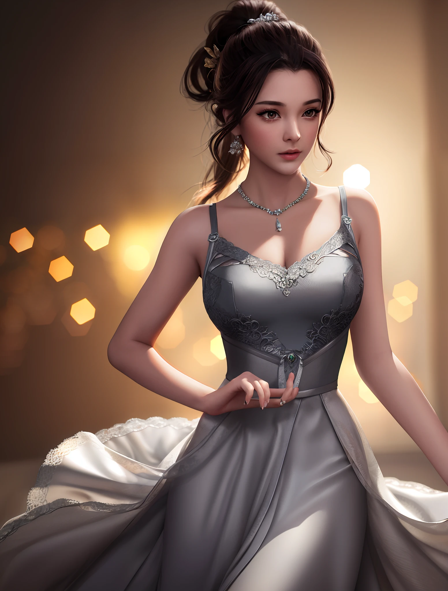 dynamic post,ponytail contorted,best quality, masterpiece, highres, 1girl,gray china dress,hair ornament,necklace, jewelry,Beautiful face,upon_body, tyndall effect,photorealistic, dark studio, rim lighting, two tone lighting,(high detailed skin:1.2), 8k uhd, dslr, soft lighting, high quality, volumetric lighting, candid, Photograph, high resolution, 4k, 8k, Bokeh,lace underwear