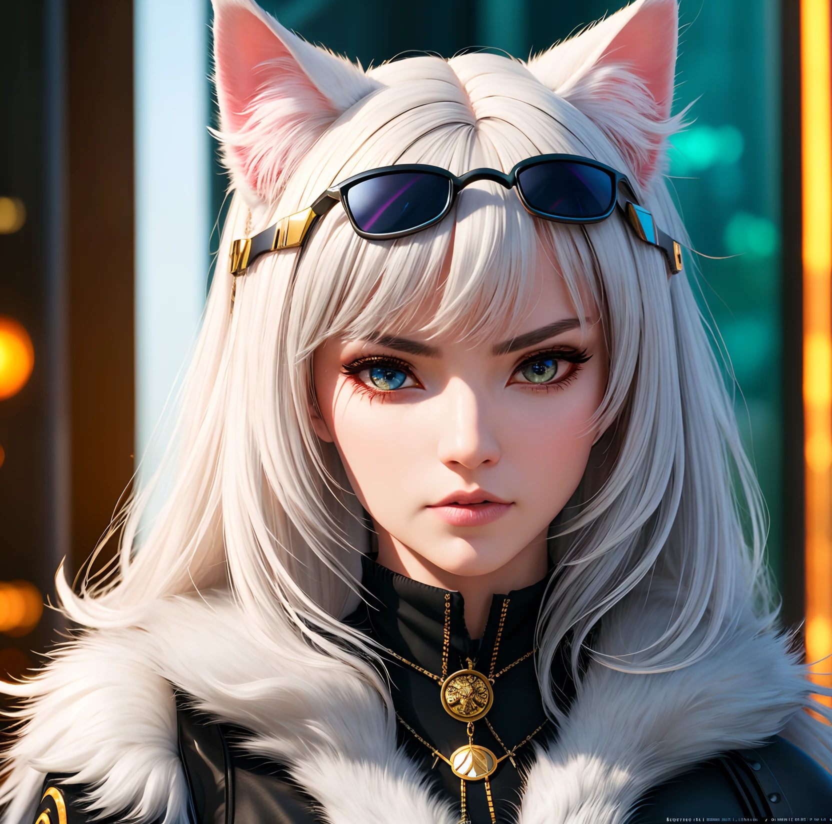 cat ear, cat girl, dark gray hair, cat leash, Medal, sunglass, furry, angry, swag, complex 3d render ultra detailed, 150 mm, beautiful studio soft light, rim light, vibrant details, luxurious,elegant, beautiful background, octane render, H. R. Giger style, 8k, best quality, masterpiece, illustration, extremely detailed ,CG ,unity ,wallpaper, (realistic, photo-realistic:1.37),Amazing, finely detail, masterpiece,best quality,official art, extremely detailed CG unity 8k wallpaper, absurdres, incredibly absurdres,bright color, flashy,powerfull color. simple background