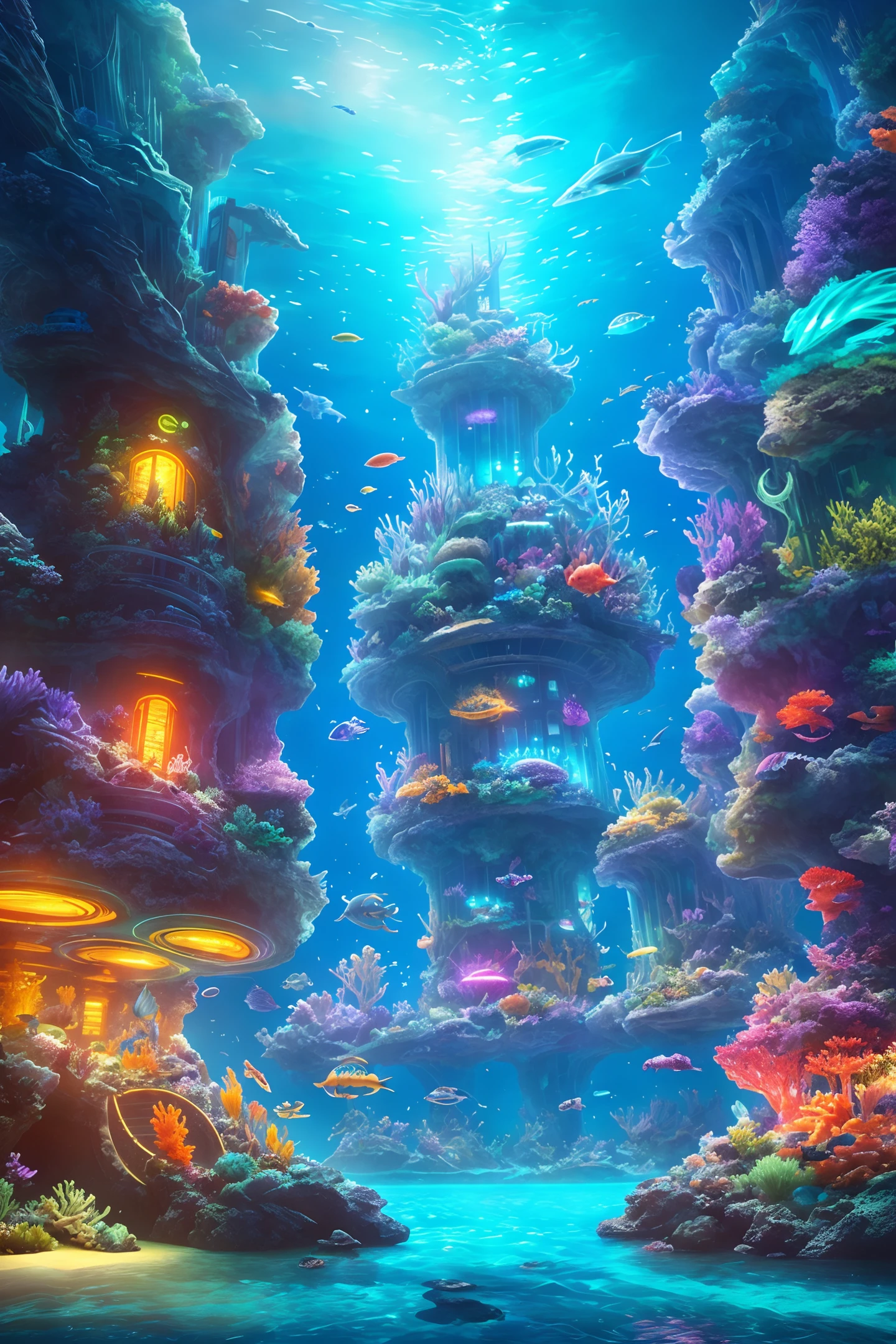 seabed,ocean,dream,Cartoon,epic fantasy concept, a modern transparent building at night as a huge aquarium containing marine lifeforms, pretty colorful lights decorations, wide shot, 8k octane render, photorealistic, cinematic lighting, detailed building, detailed fish