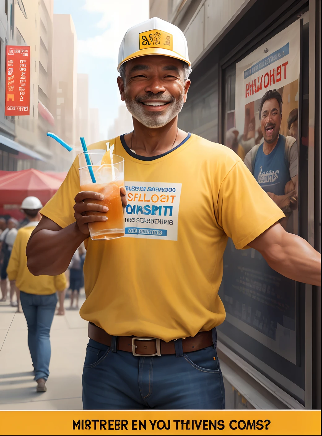 (An impressive poster) with superior quality and sharp details, featuring a middle-aged construction worker with a beaming smile, quenching his thirst with a refreshing sip of water amid a bustling construction site. The cheerful atmosphere brims with excitement and festivity as the crowd cheers in celebration of Labor Day.