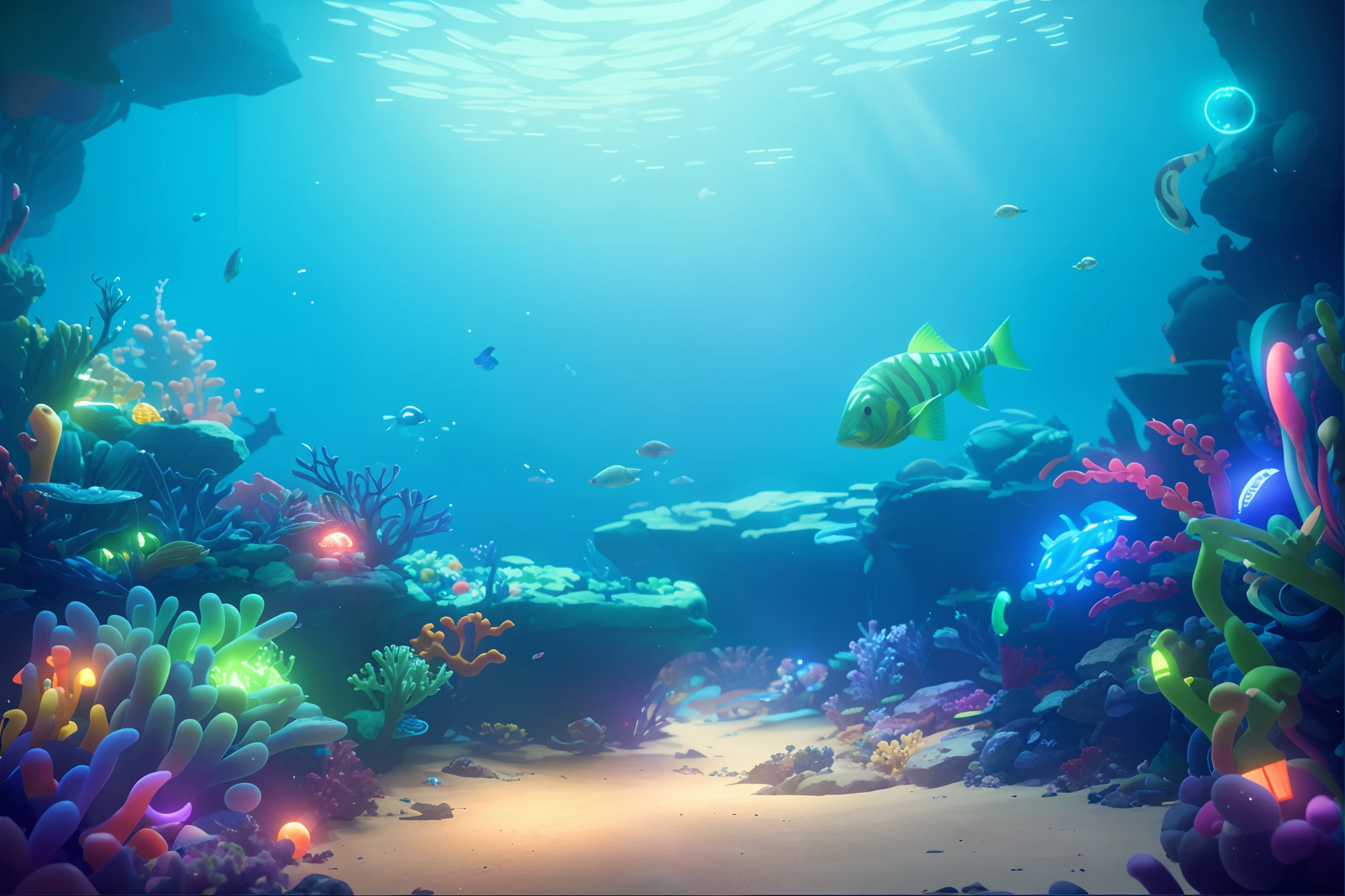 lifeforms, pretty colorful lights decorations, wide shot, 8k octane render, photorealistic, cinematic lighting, detailed building, detailed fish,coral,Cartoon,Q version