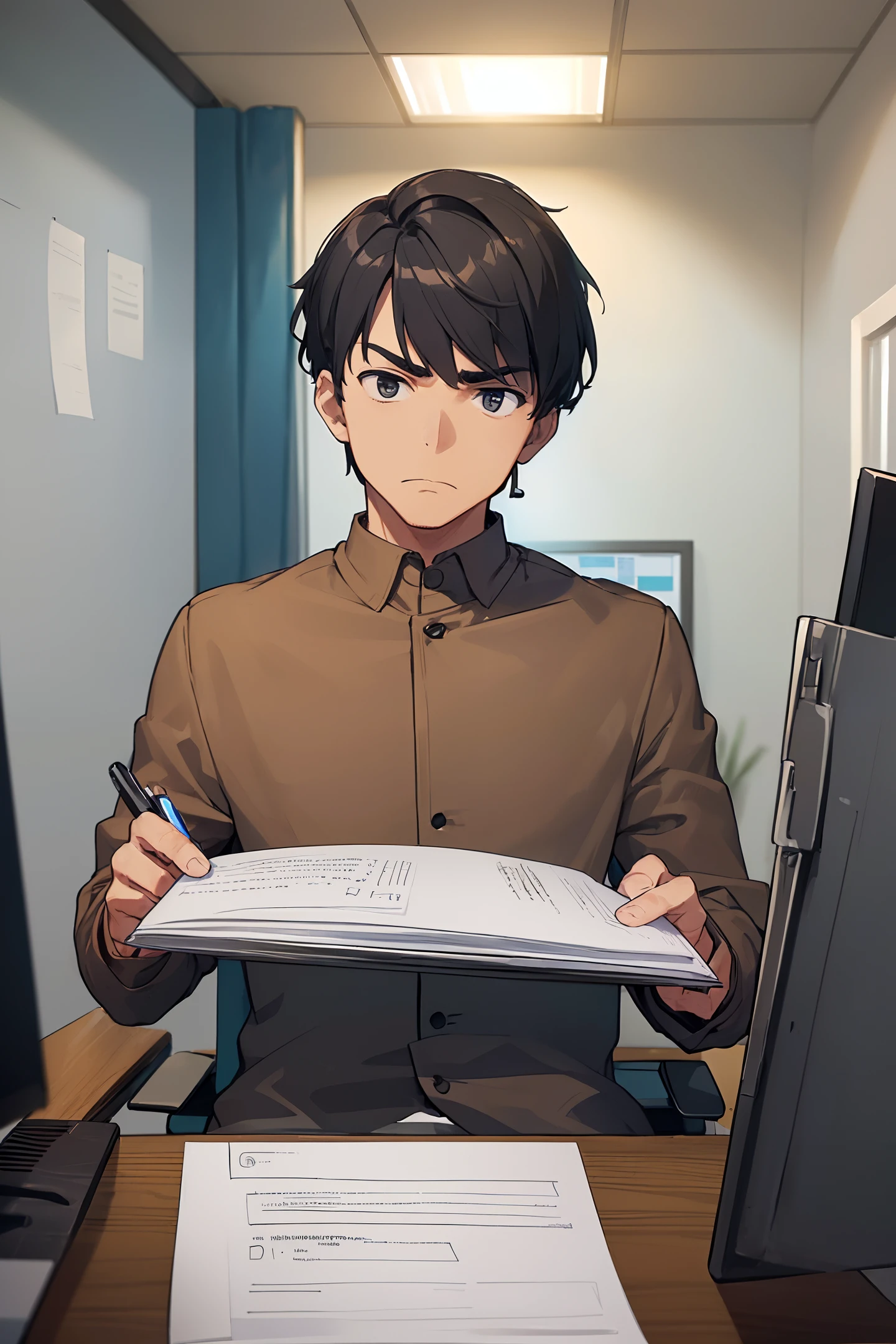 (((a man in the office))), thinking in a meeting, holding a pen, looking at the thick documents on the table, frowning