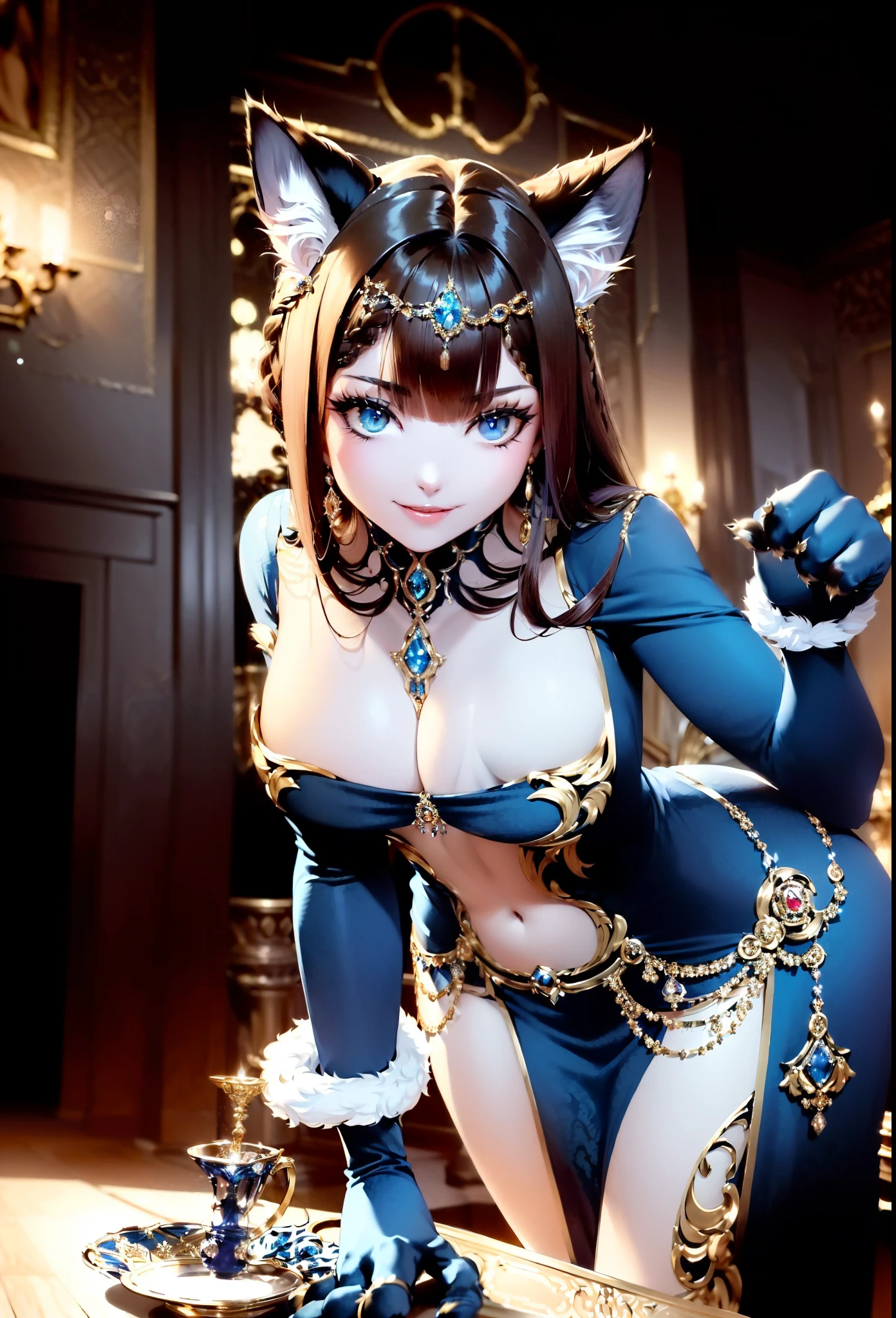 An exquisite masterpiece with the best quality,Furry cat claws .featuring a woman's alluring upper body in a stunning 1920s plunging neckline dress with braided bronze brown hair and captivating azure eyes. cat.Embellished with for an even more enchanting effect.furry.look down at. Extend left hand.Leakage of thighs.A furry body.Sweet Smile