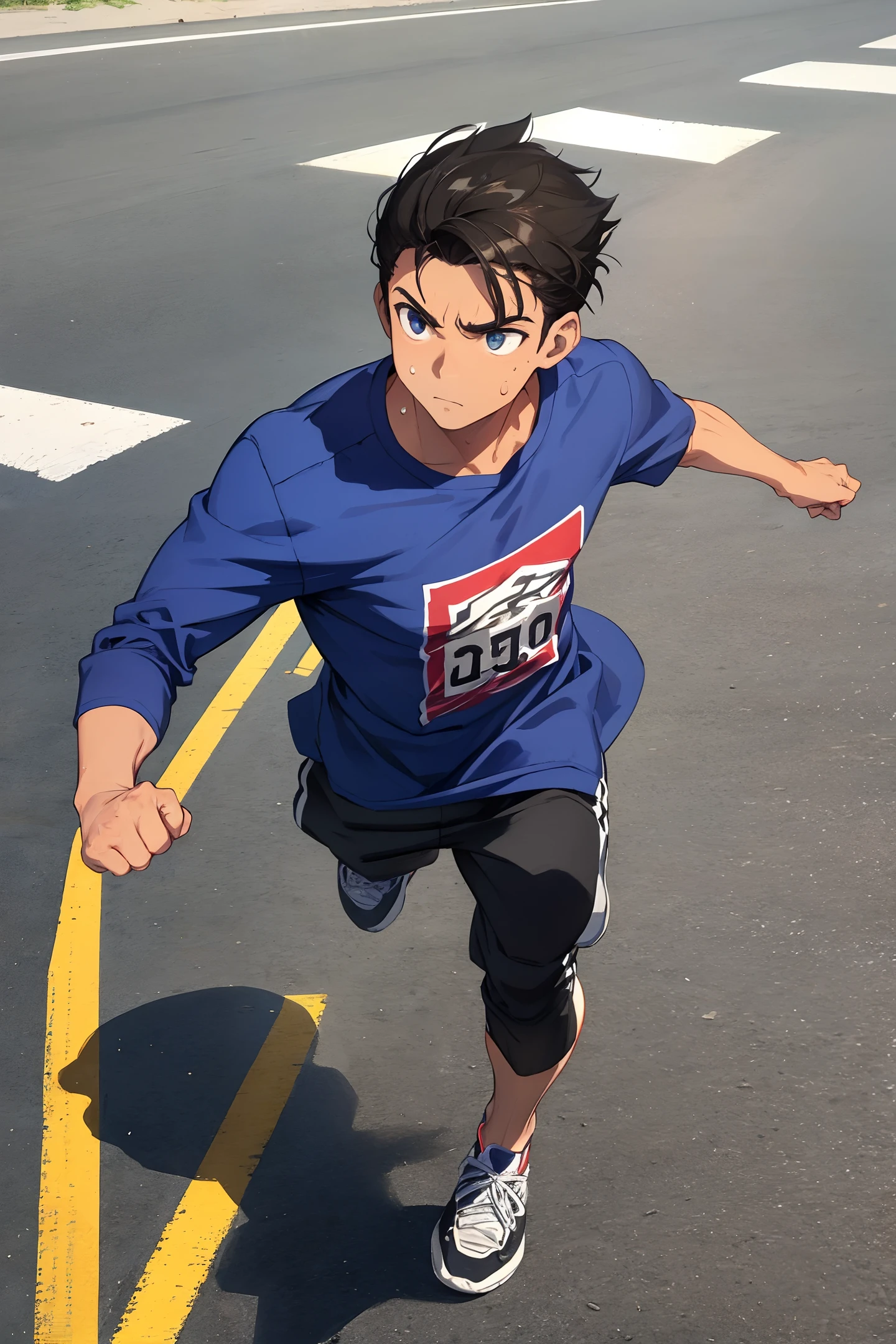 ((man)), running anxiously on the road, sweating, holding a bag, running late,holding fist