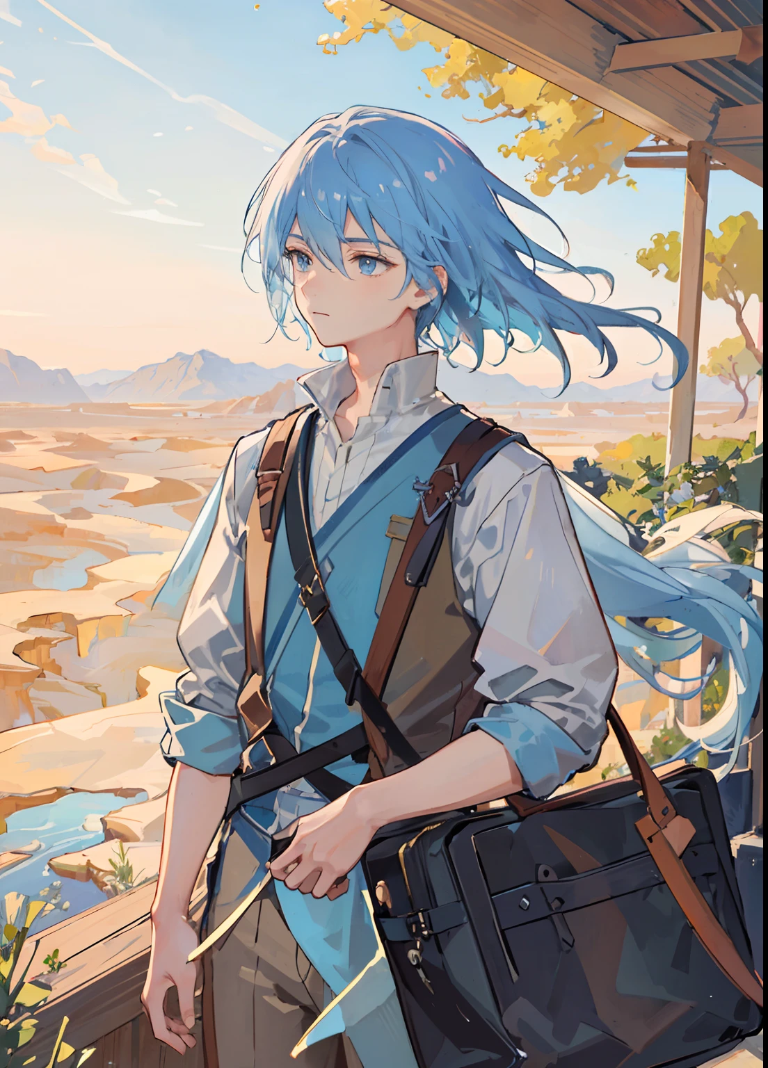 Beautifully drawn, high quality, ultra-detailed CG illustration of a young man with a serene expression, gazing into the distance with his striking light blue hair gently waving in the desert breeze. The scenery behind him is vast and breathtaking, drawing the viewers into a world of wonder and exploration.