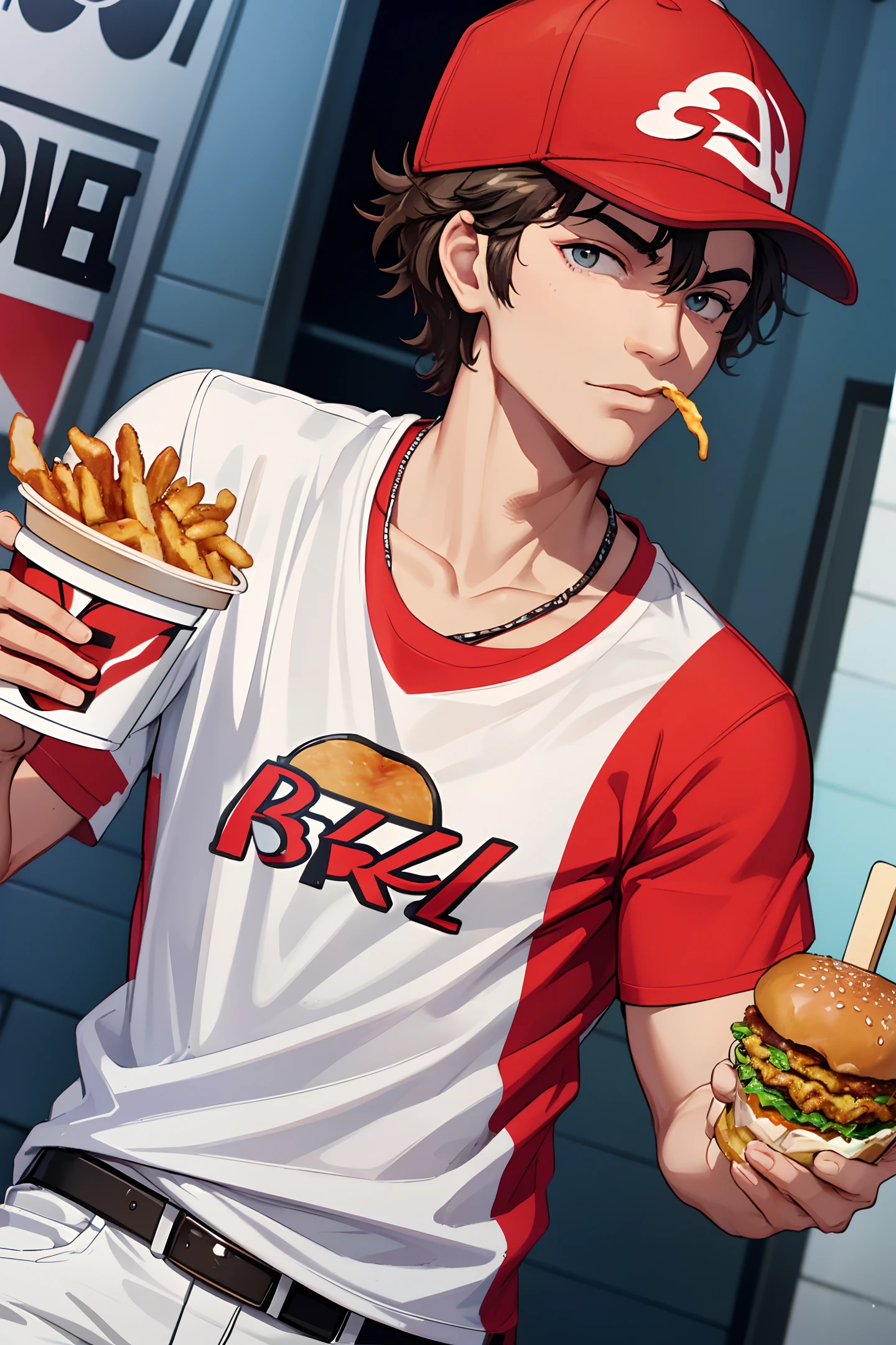Man eating kfc burger in kfc printed t-shirt and baseball cap with kfc printed on it, holding kfc burger in one hand and kfc fries in the other