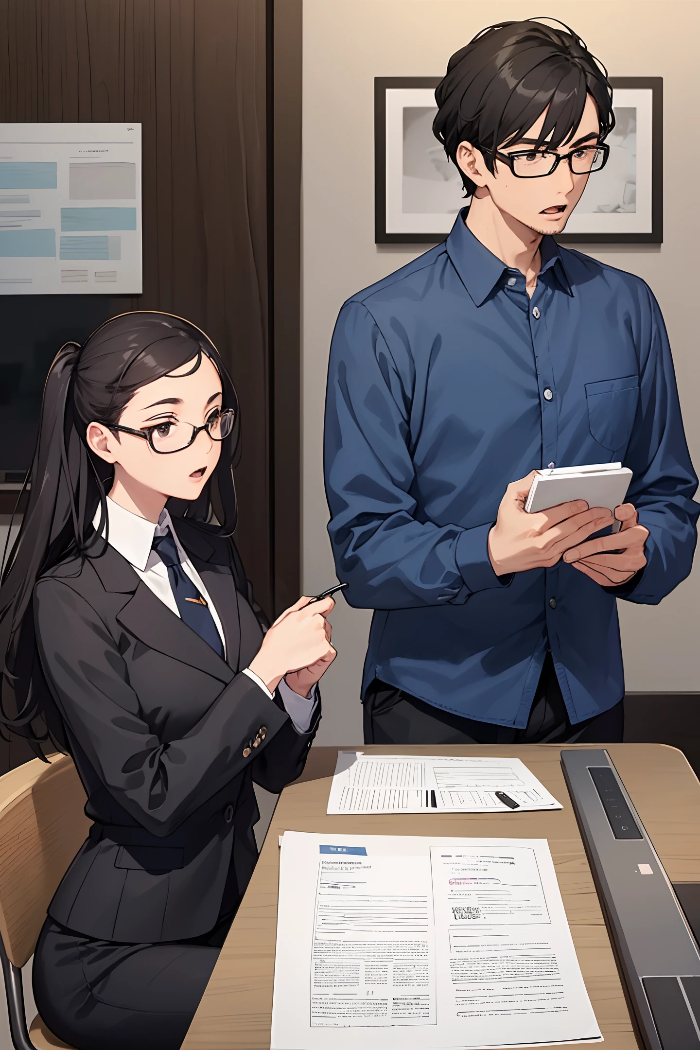 Work, conference room, meeting many people, male employee wearing black-rimmed glasses is sleepy and is yawning,((man))