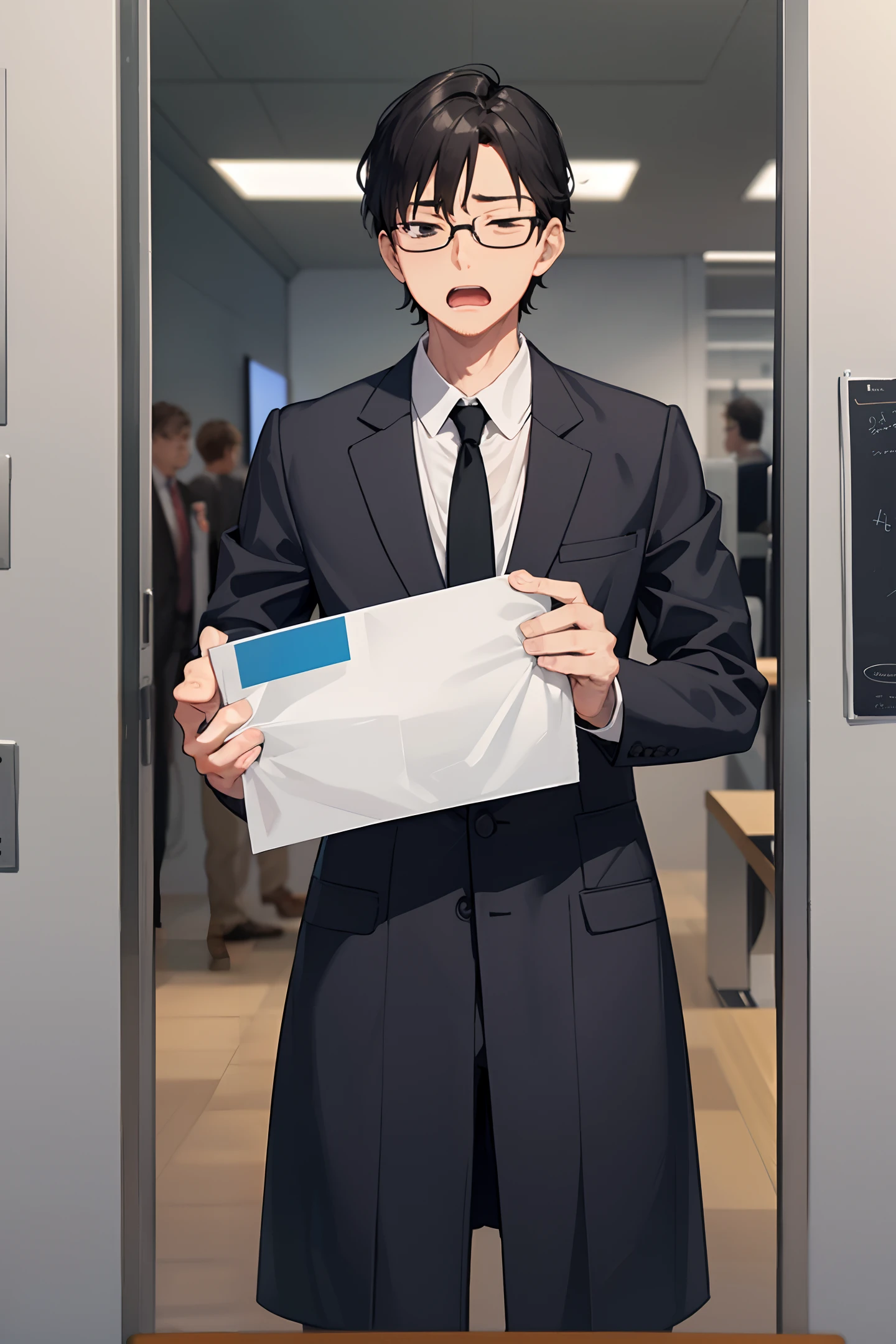 （（（1 man strong and healthy）））（Work）, conference room, meeting many people, male employee wearing black-rimmed glasses is sleepy and is yawning,