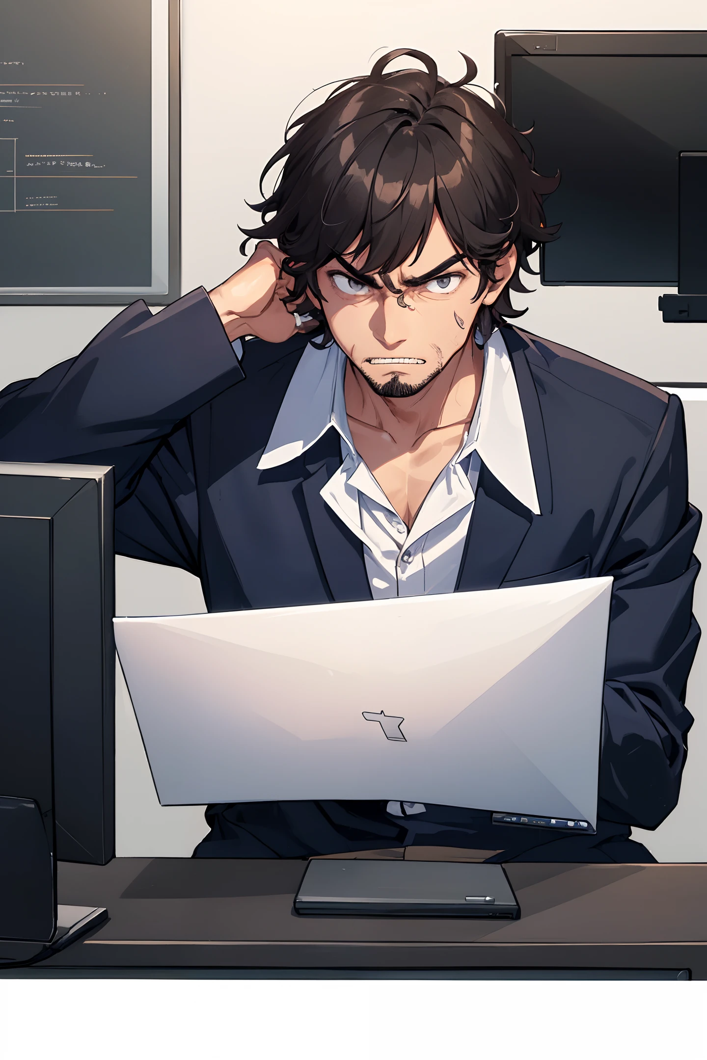 (((a man))) working overtime at the office, sitting in front of the computer, messy hair, downcast, gnashing teeth, grumpy expression, hates work