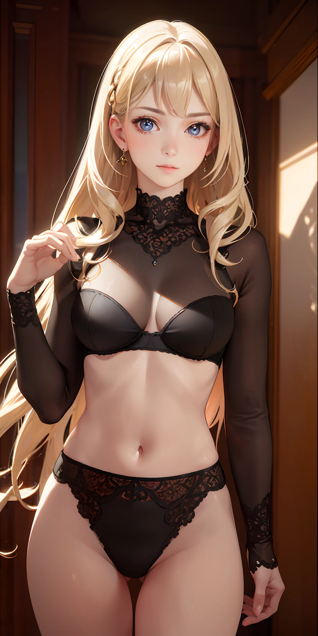 (photorealistic:1.4), (masterpiece, sidelighting, finely detailed beautiful eyes: 1.2), masterpiece*portrait, realistic, 3d face, glowing eyes, shiny hair, lustrous skin, solo, embarassed, (midriff), black underwear, blonde hair,