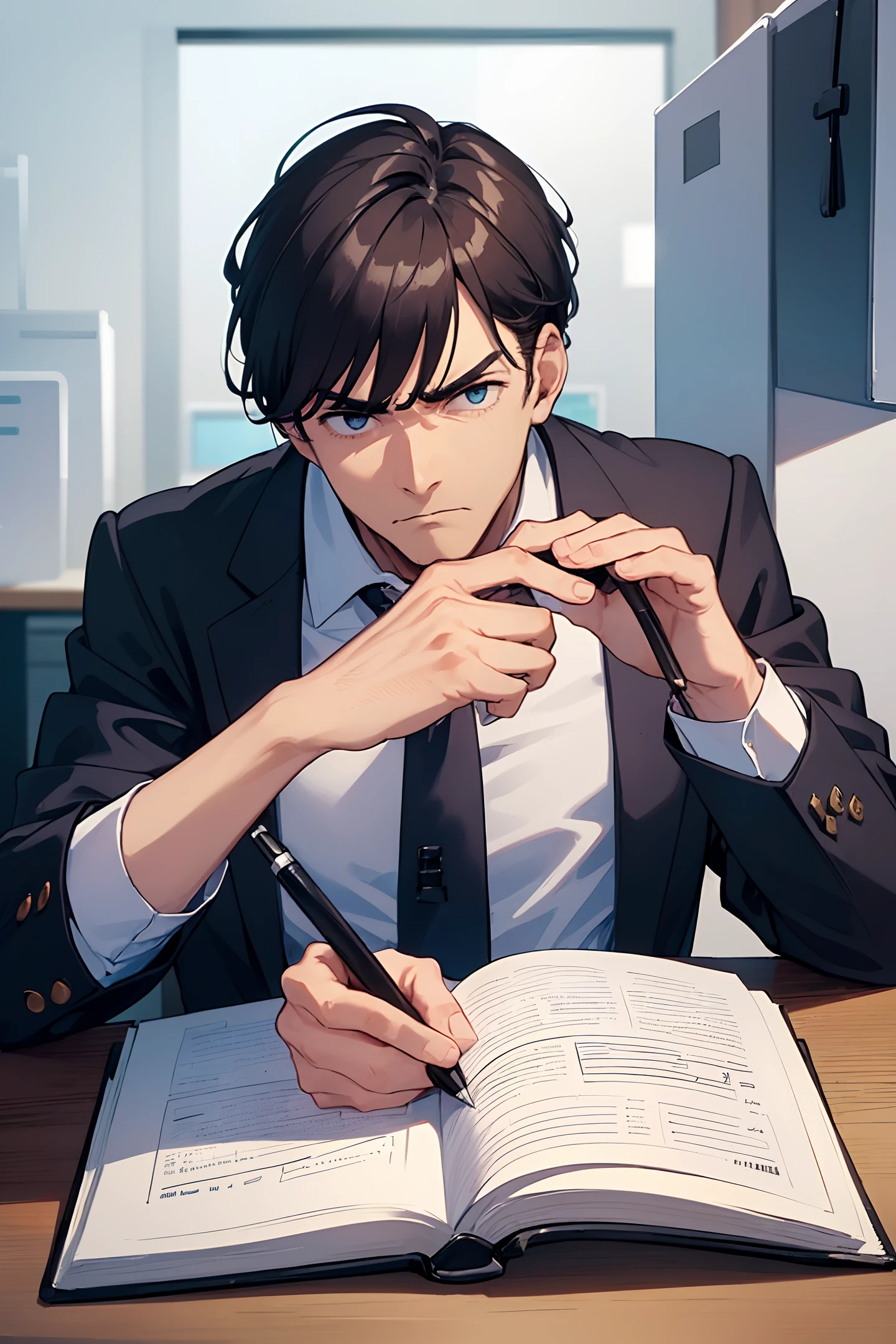(((a man in the office))), thinking in a meeting, holding a pen, looking at the thick documents on the table, frowning,((There are only two hands, the right hand, and one hand with five fingers))