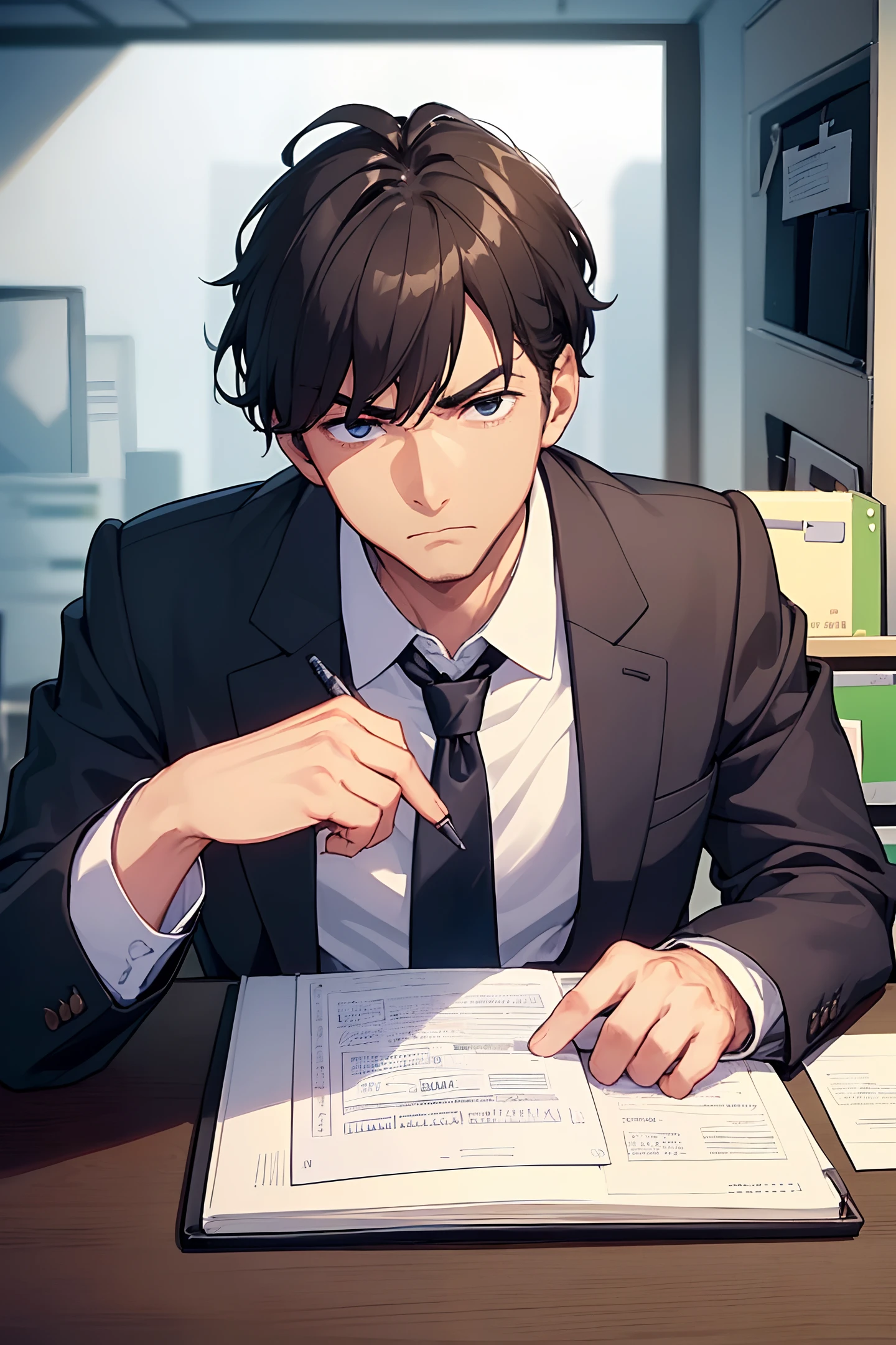 (((a man in the office))), thinking in a meeting, holding a pen, looking at the thick documents on the table, frowning,(((There are only two hands, the right hand, and one hand with five fingers)))
