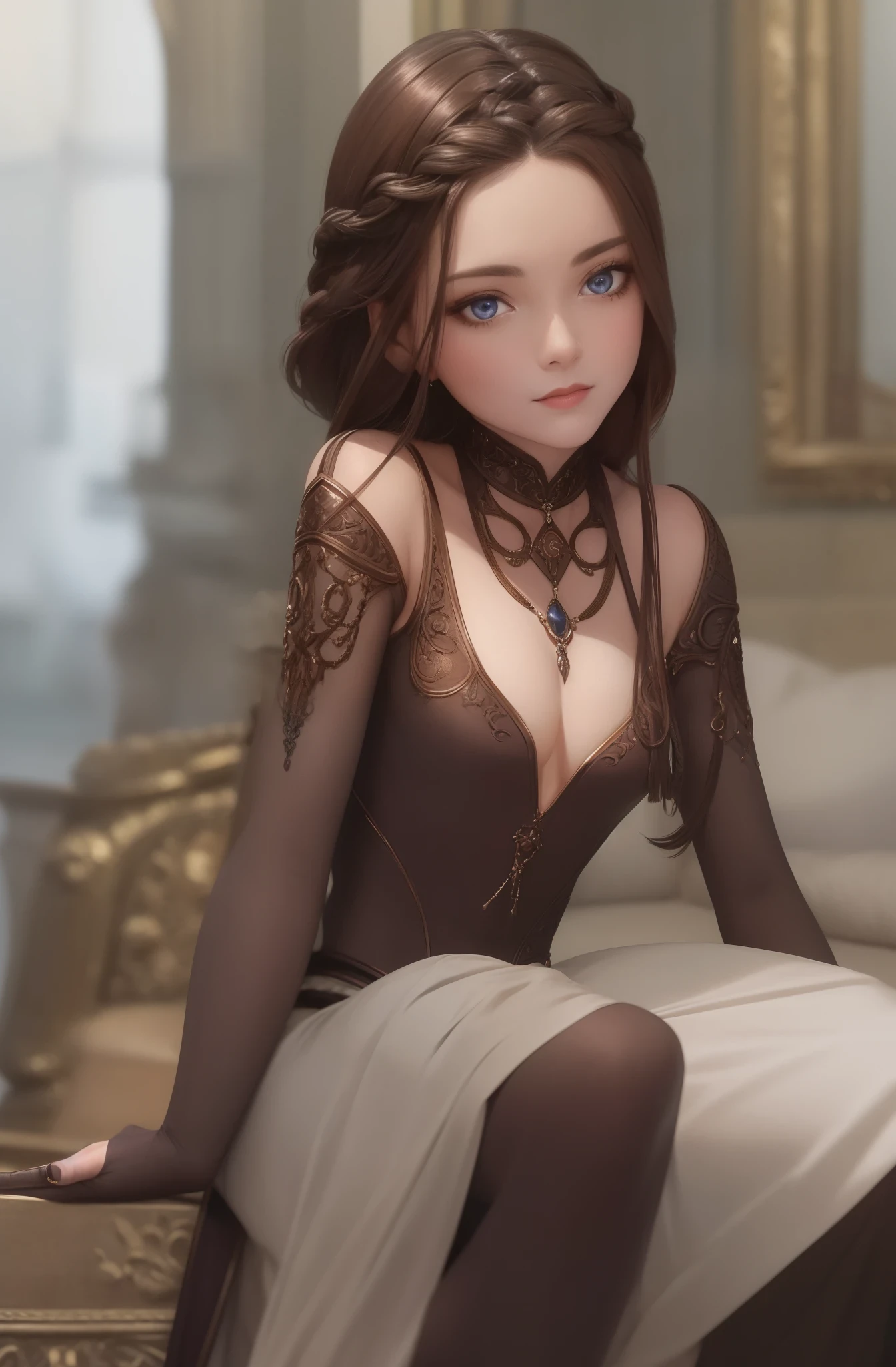 best quality, masterpiece, upper body,
woman,
braided bronze brown hair,
azure eyes,
1920s plunging neckline dress