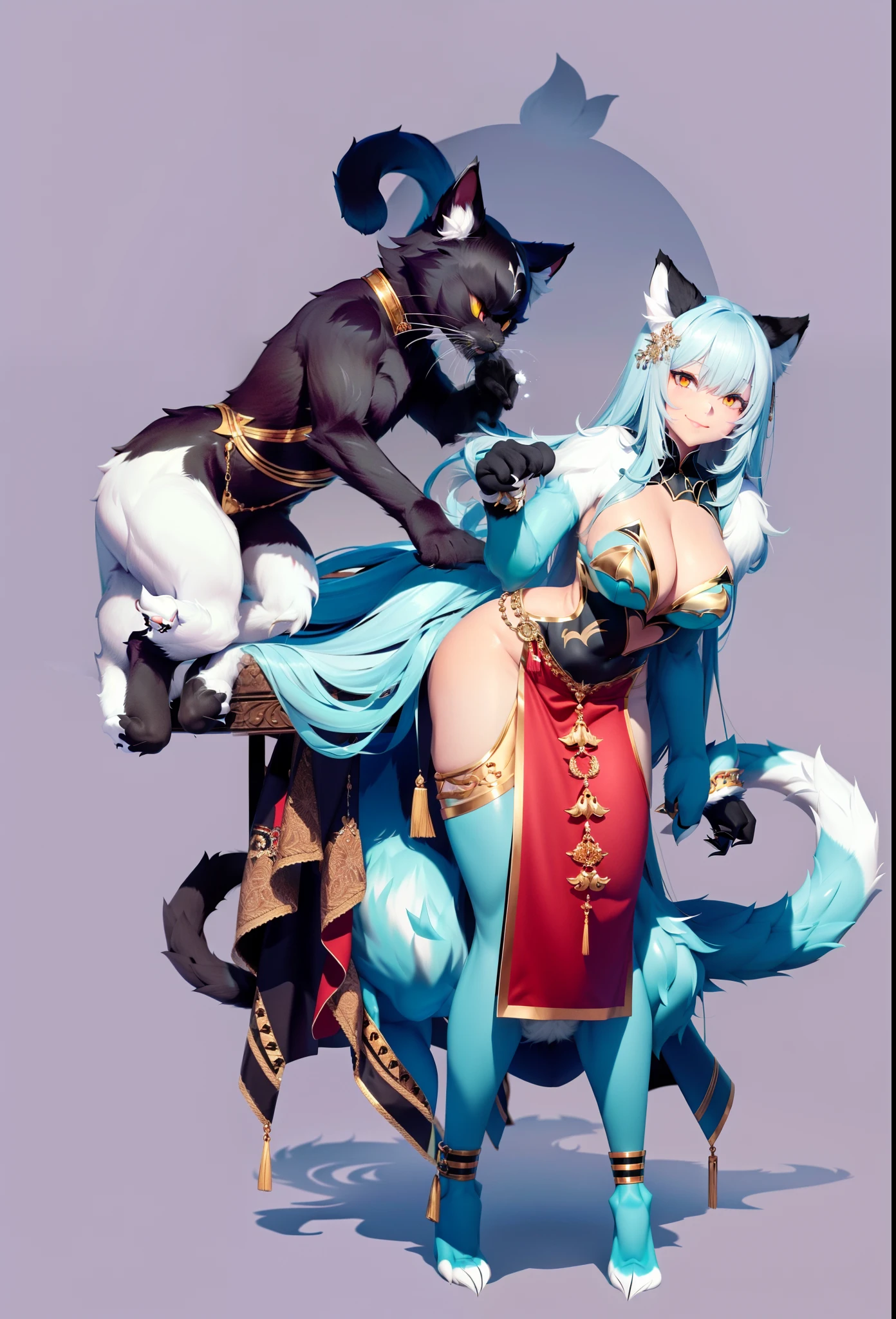 Extend left hand.Leakage of thighs.A furry body.furry.look down at. Extend left hand.Leakage of thighs.A furry body.An arrogant smile.Change the black cat to a white cat in the upper left corner of the screen.