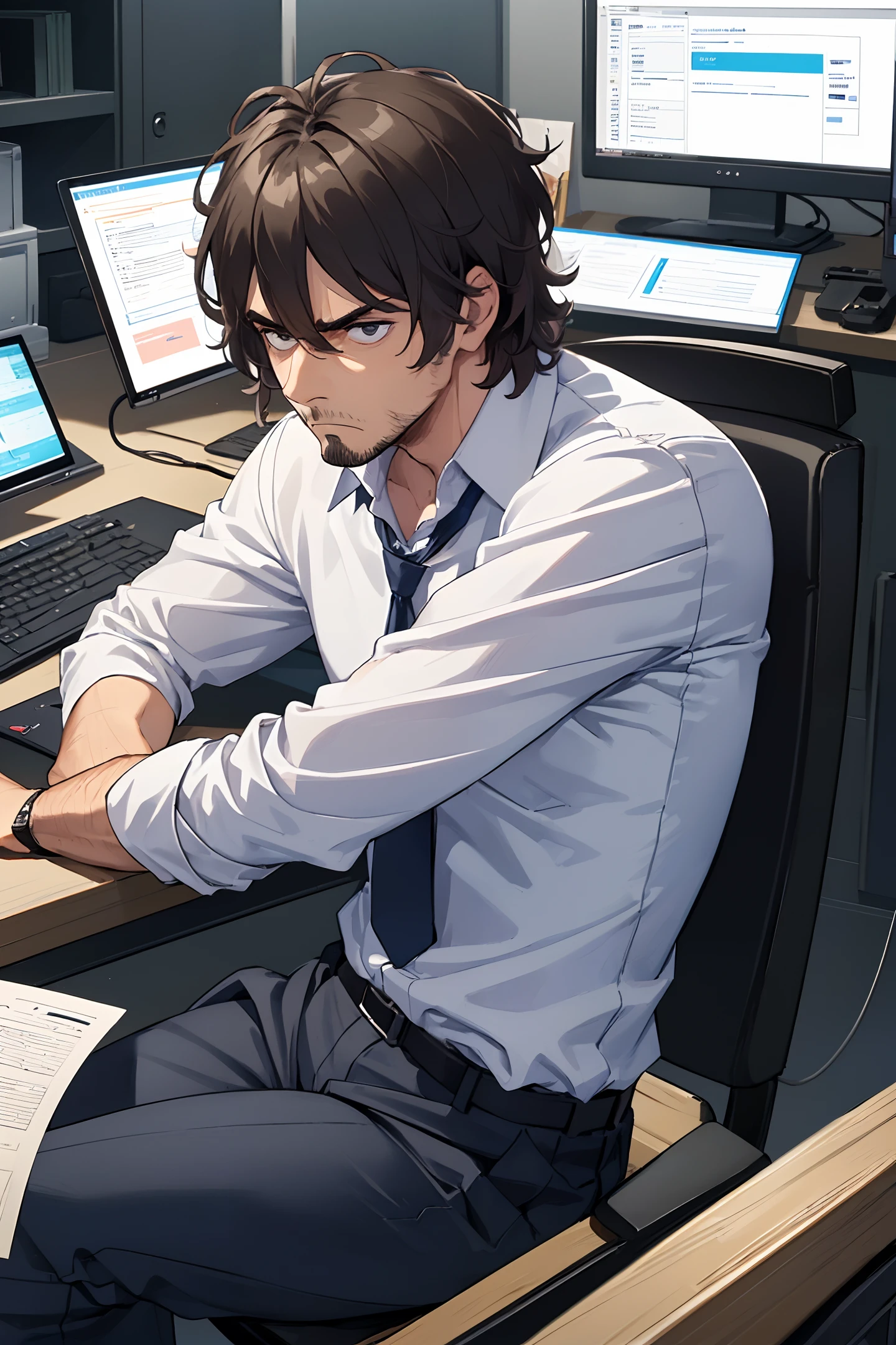(((a man))) working overtime at the office, sitting in front of the computer, messy hair, downcast, grumpy expression, hates work