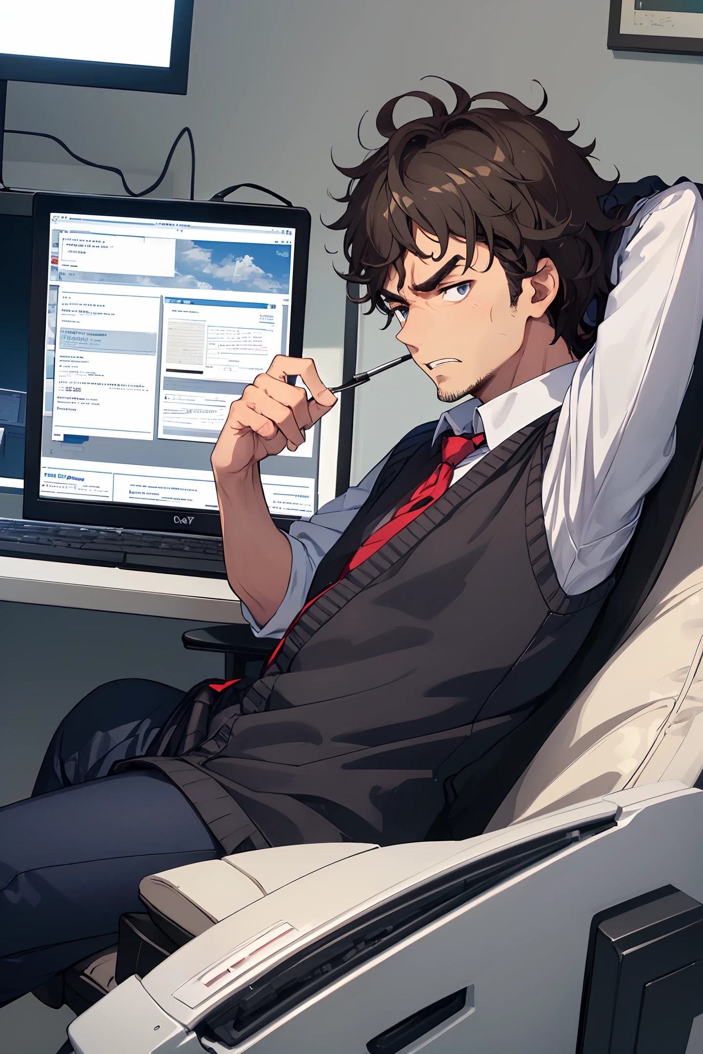 (((a man))) working overtime at the office, sitting in front of the computer, messy hair, downcast, gnashing teeth, grumpy expression, hates work