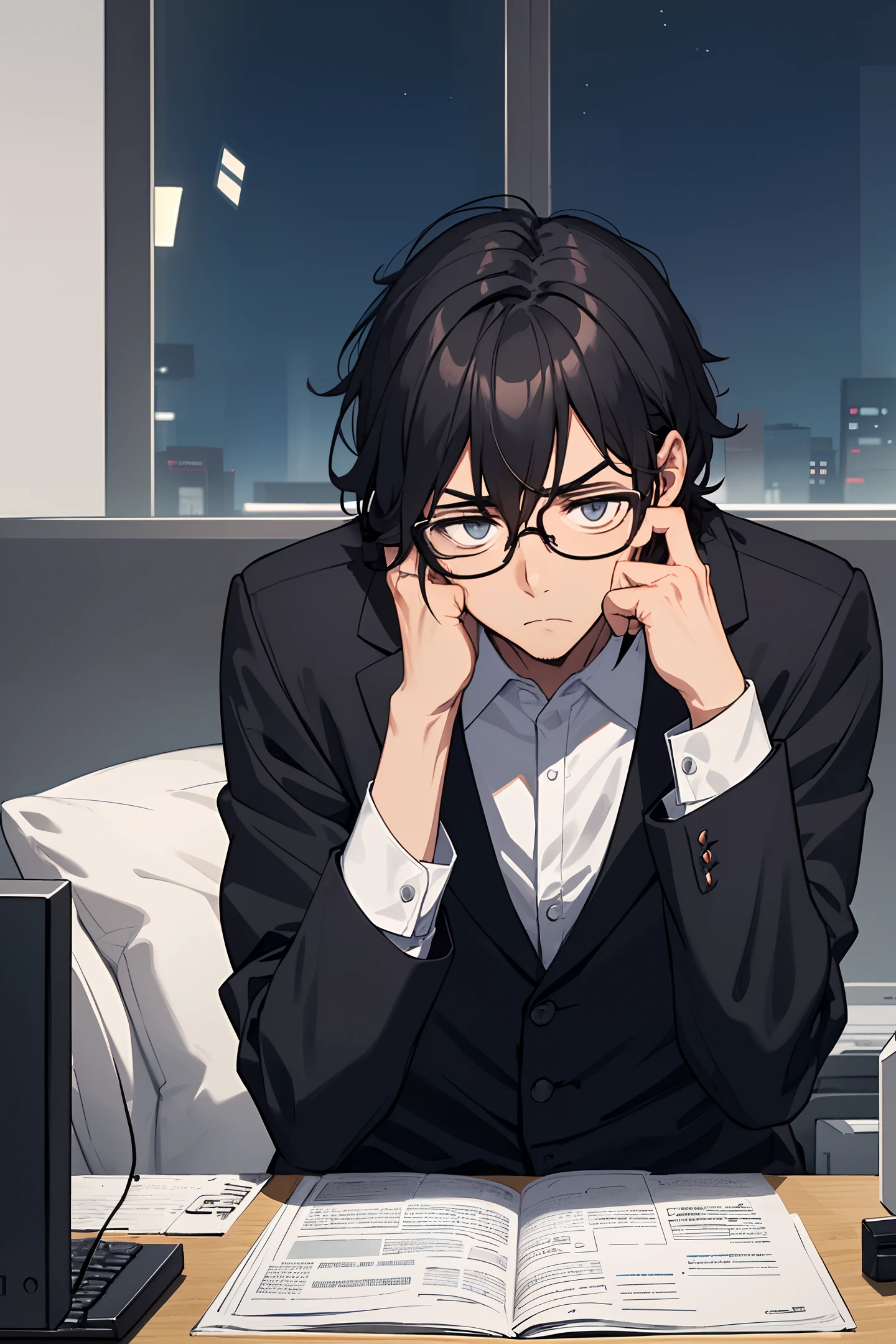 A man wearing black-rimmed glasses hates work, sits in front of the computer, with messy hair and dejected, ((sigh emoticon)), he is the only one left in all the workstations, it’s already dark outside the window, only the computer sends glowing