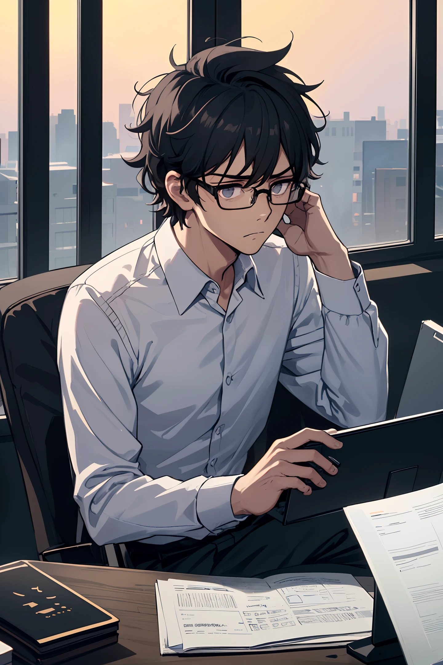A man wearing black-rimmed glasses hates work, sits in front of the computer, with messy hair and dejected, ((sigh emoticon)), he is the only one left in all the workstations, it’s already dark outside the window, only the computer sends glowing