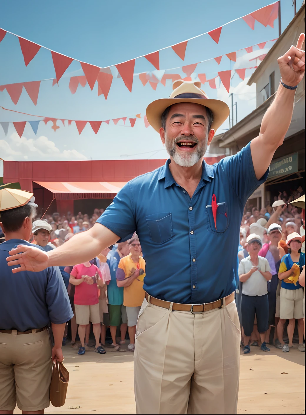 Labor Day, super awesome, super detailed, realistic ((uncle)), happy expression, middle-aged, celebration, crowd, audience, cheering, applause, bunting, festival, wide-angle shot, overhead shot , far away, (away from camera), full body, rice field,