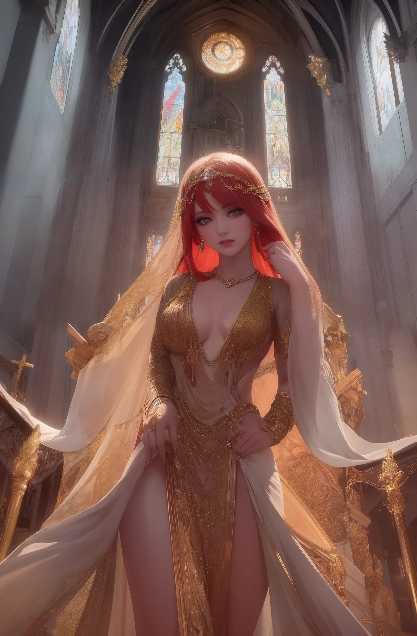 "Creating a stunning artwork masterpiece with top-notch quality! Featuring a woman with fiery red eyes against a dimly lit church background. Her beautiful braided bronze golden hair and bright azure eyes are perfectly complemented by a 1920s plunging neckline dress, making her look both elegant and alluring. Let's add some extra magic with ."