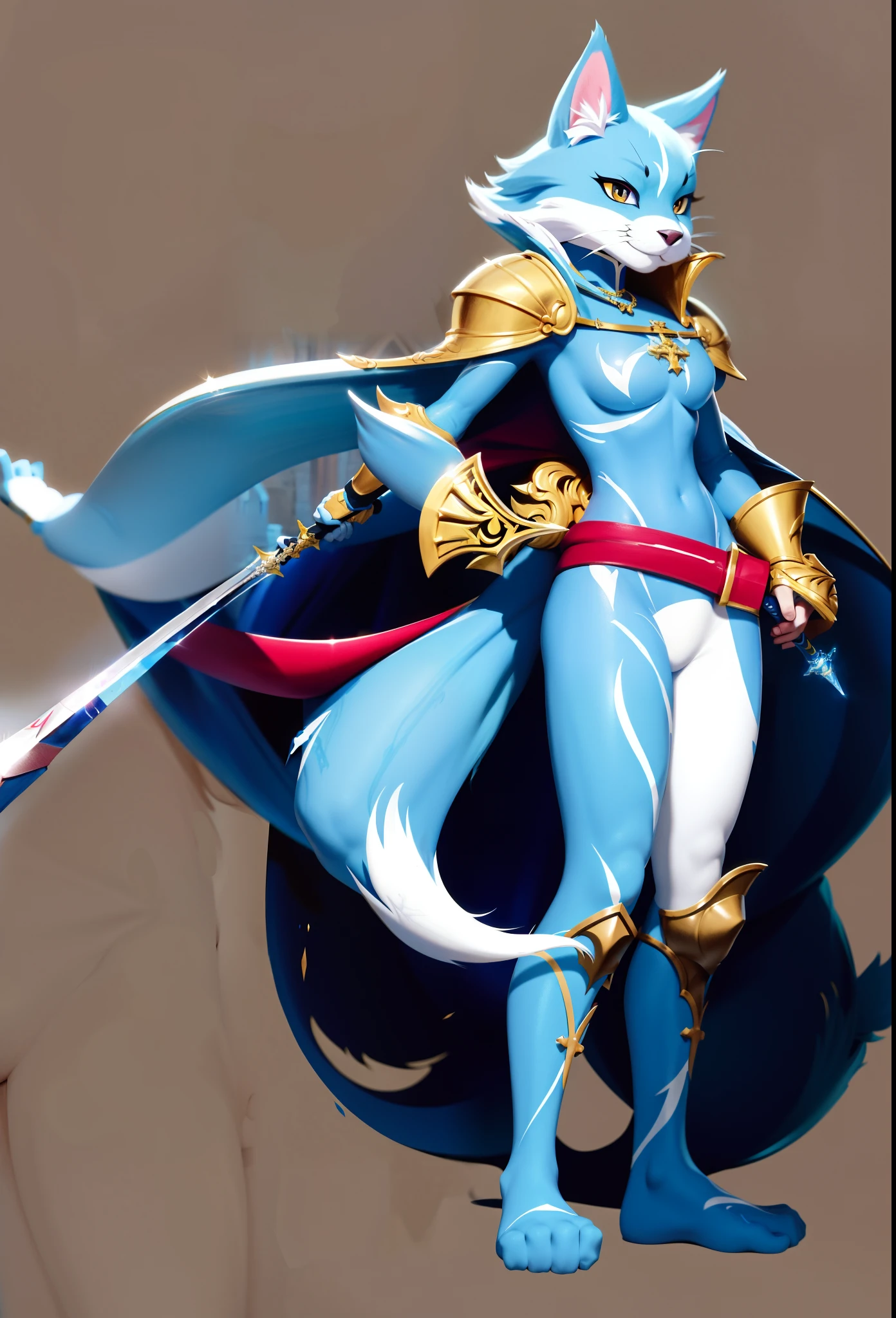 cartoon.heroine.medieval castle.swordsman.cat.Extend left hand.Leakage of thighs.A furry body.furry.look down at. Extend left hand.Leakage of thighs.A furry body.An arrogant smile.Glass painting background.rapier
