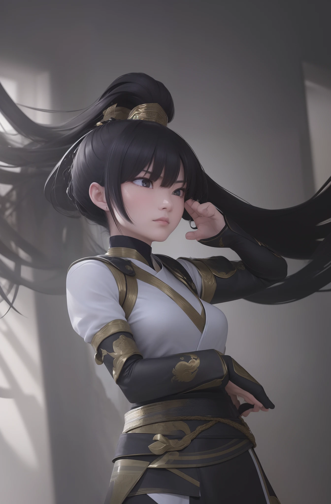 (A masterpiece of ultra-detailed CG art in Unity 8K resolution,) with the best illumination and shadows. Show me a floating image of a determined female warrior with a sleek black high ponytail and an unyielding gaze. She is a devoted monk who has trained tirelessly to perfect her combat skills. Let the elements swirl around her as she prepares to face any challenge that comes her way.