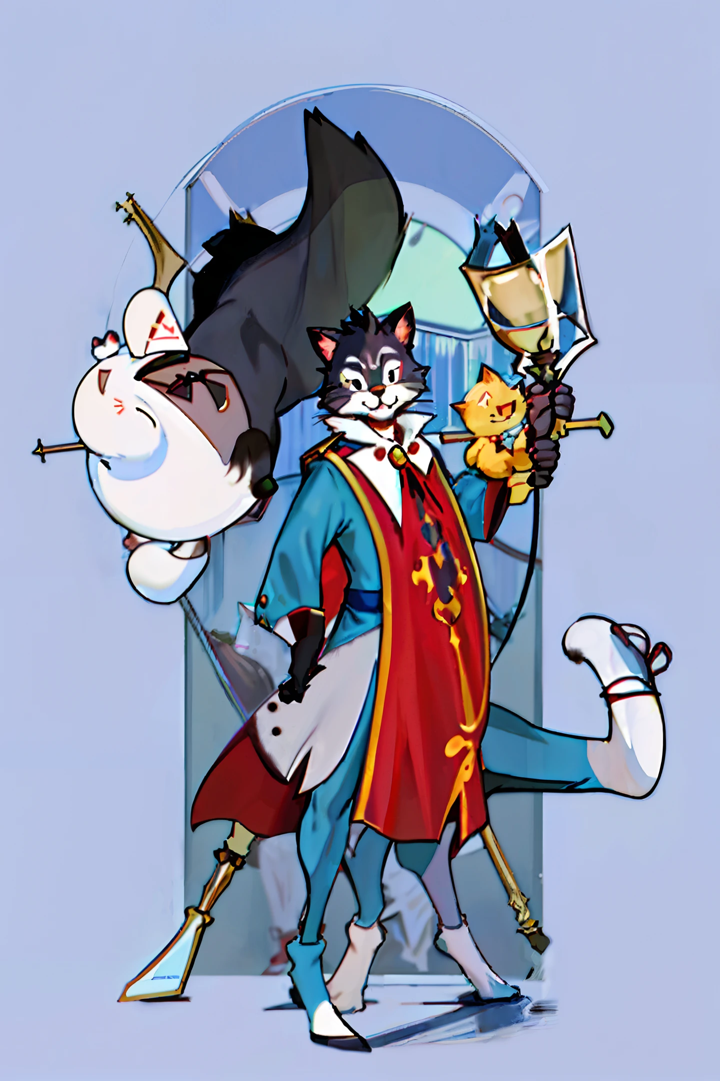 Tom and Jerry.cat.Red Cape.Extend left hand.Leakage of thighs.A furry body.furry.look down at. Extend left hand.Leakage of thighs.A furry body.An arrogant smile.Glass painting background.rapier