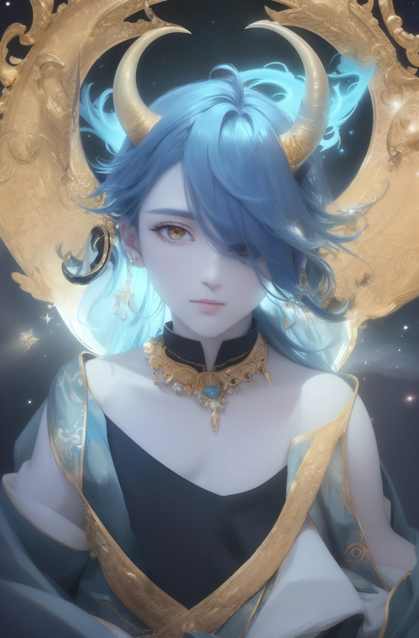 Ultra-detailed golden-eyed beauty with delicate features, elegant pose, and intricate accessories (earrings, necklace). Soft lighting and subtle shadows enhance the ethereal, dreamy ambiance. Background features a glistening and sparkling galaxy, with wispy clouds and majestic asteroids adding depth and dimension.(ultra-detailed CG unity 8k wallpaper, masterpiece, best quality), (best illumination, best shadow), (1boy), (blue hair:1.2), (2 horns), (introverted), (sexually provocative outfit), (priest garbs), floating, (colorful background, abstract), (high contrast), (vignette)