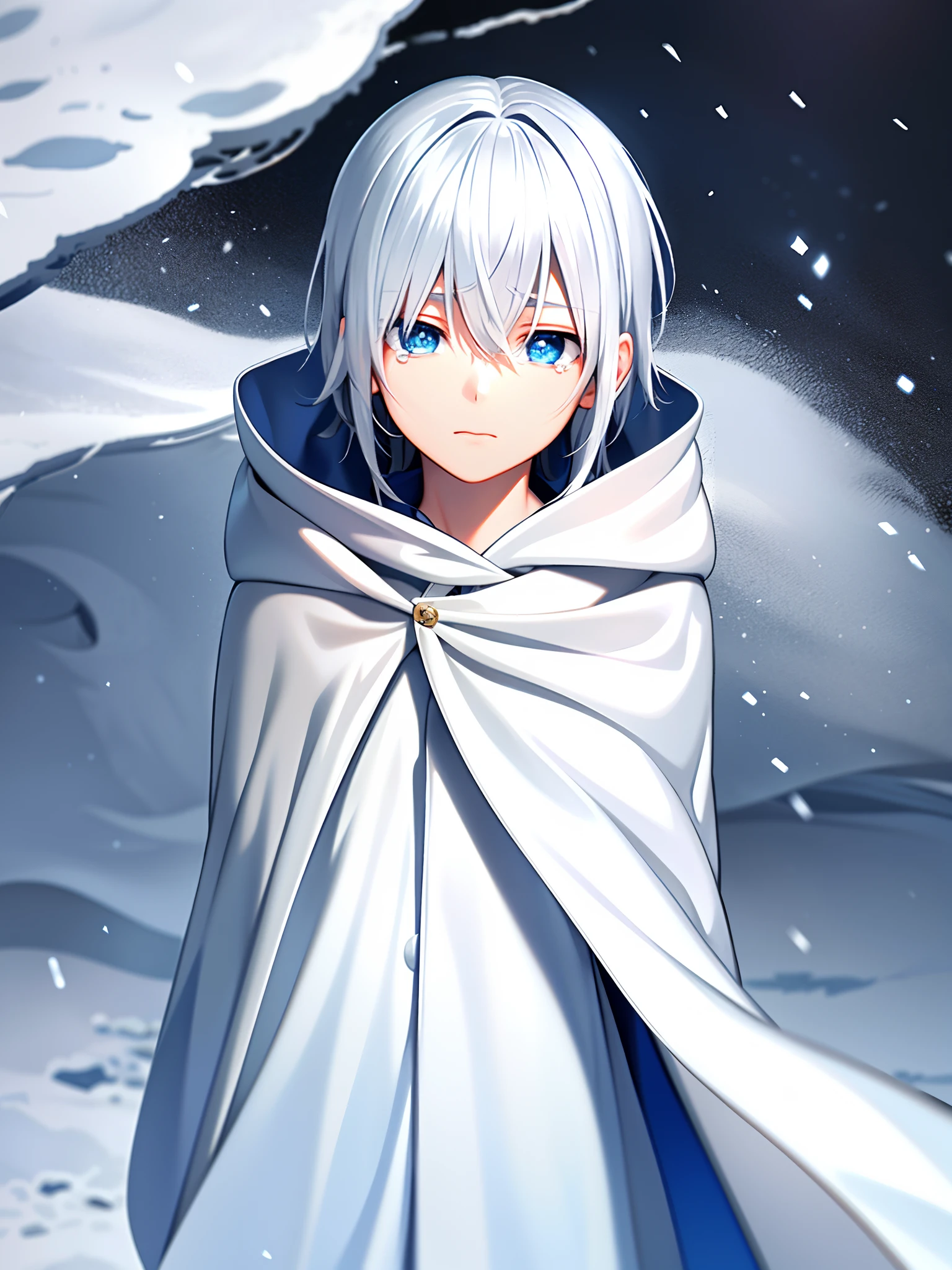 Comforting snow, gentle cool light, (1boy), head down, (white hair)|(silver hair), (blue eyes), looking at something in the snow, (tears in his eyes), (snowreflecting in his eyes), (sea in the background). (wearing a small white robe)