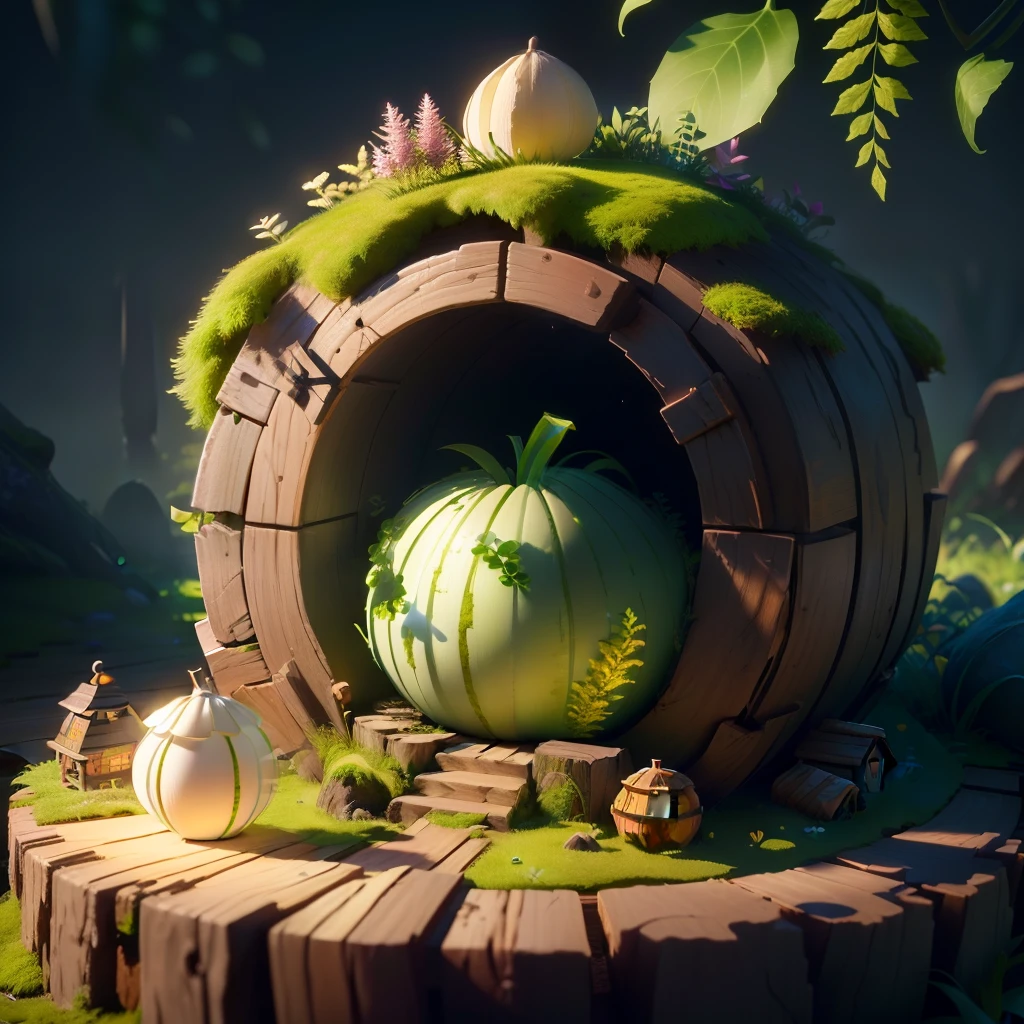 masterpiece, best quality, (extremely detailed CG unity 8k wallpaper), (best quality), (best illustration), (best shadow), A round turnip hut covered with moss, isometric 3D, octane render,ray tracing,ultra detailed
