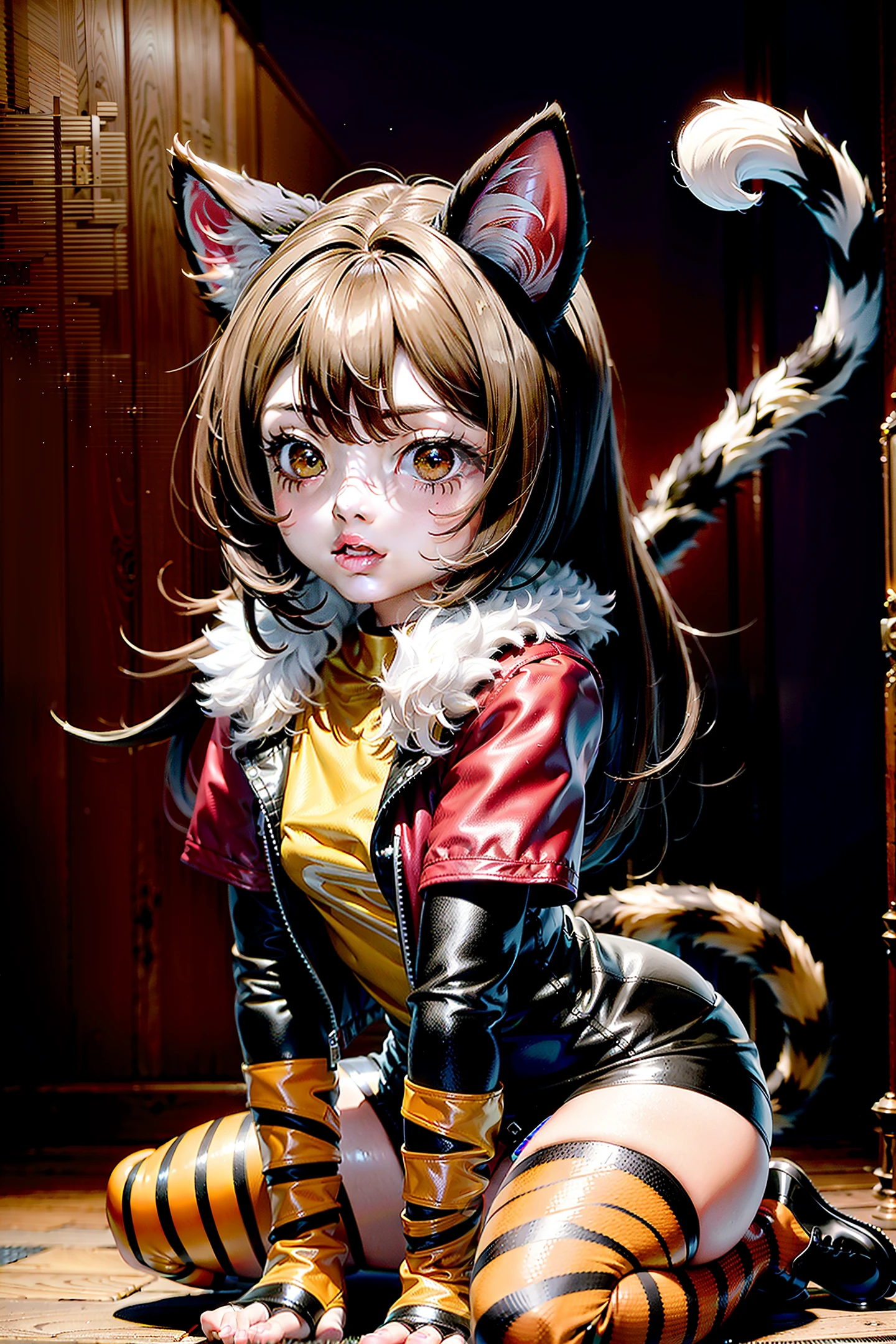 best quality, masterpiece, half Black and brown hair, full body，detailed portraits, a cute cat girl, big brown eyes, red and pink jacket ，tiger-striped tights, tiger-striped leggings, the tail is raised above her head ，sit on the ground with legs apart, hands on the ground in front of her， in the style of Unreal Engine 5，, ray tracing, simple black background, hyper-realistic