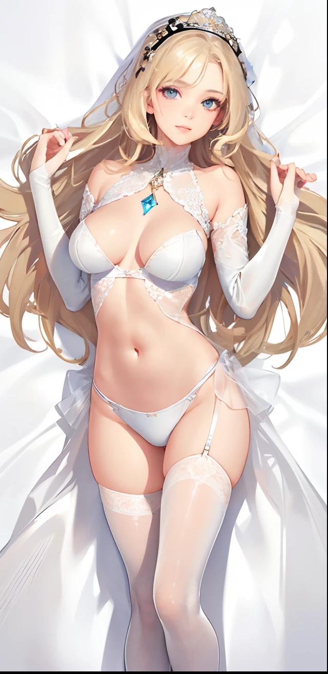 (photorealistic:1.4), (masterpiece, sidelighting, finely detailed beautiful eyes: 1.2), masterpiece*portrait, realistic, 3d face, glowing eyes, shiny hair, lustrous skin, solo, embarassed, (midriff), White pajamas, made of transparent and lightweight material, only wearing black stockings, blonde hair,