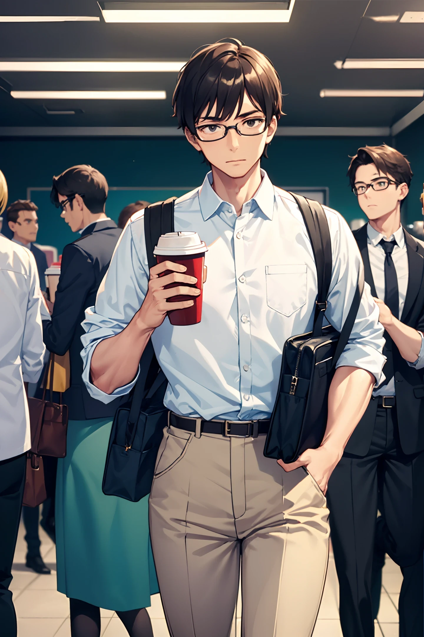 Man in crowded subway, rushing to work, wearing glasses, holding a large cup of coffee in one hand and a computer bag in the other