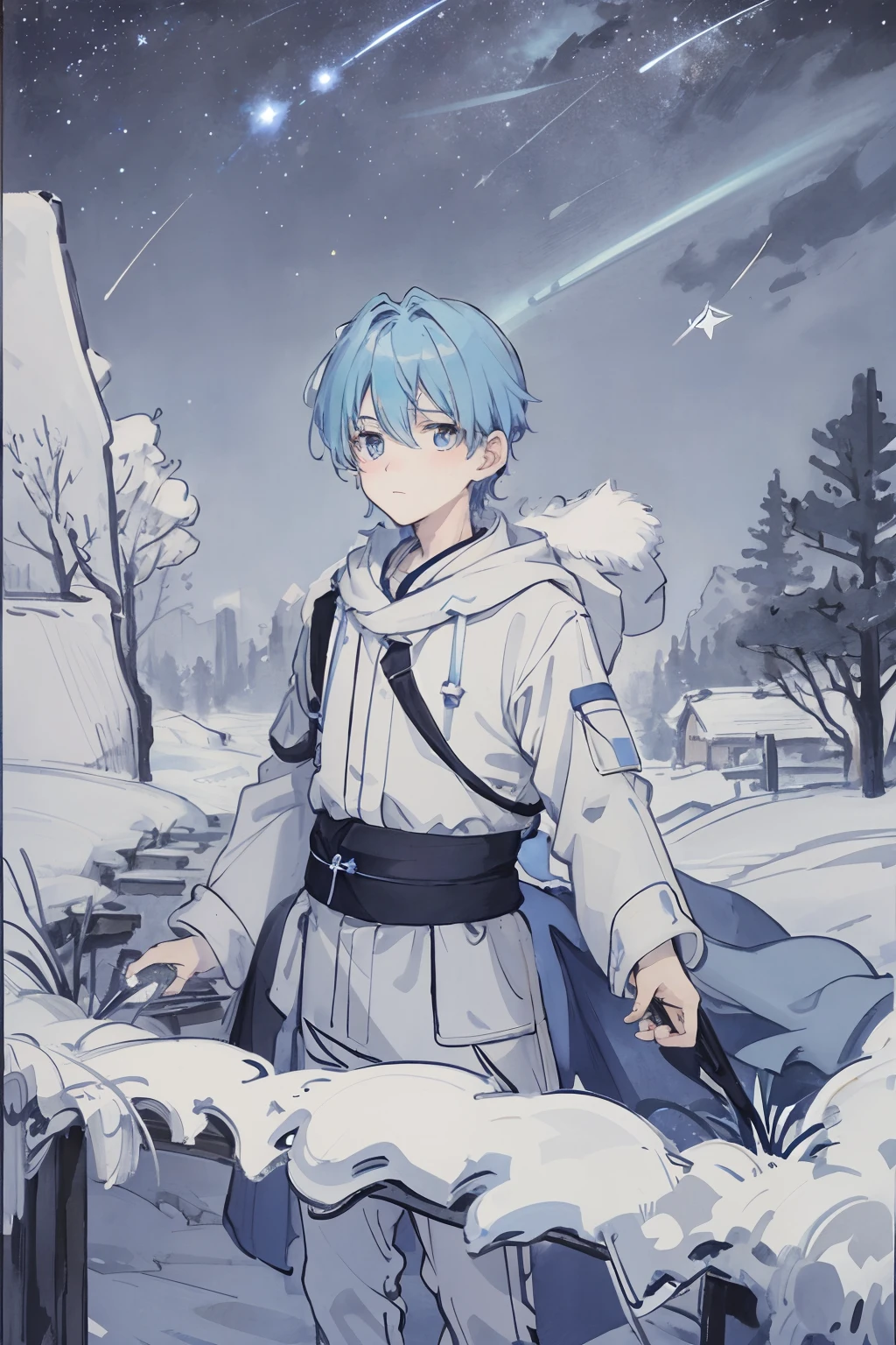 An image of a young and handsome boy with light blue hair gazing up at the starry night sky during winter, with shooting stars streaking across the heavens.