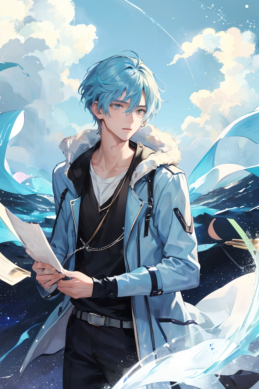 An image of a young and handsome boy with light blue hair gazing up at the starry night sky during winter, with shooting stars streaking across the heavens.