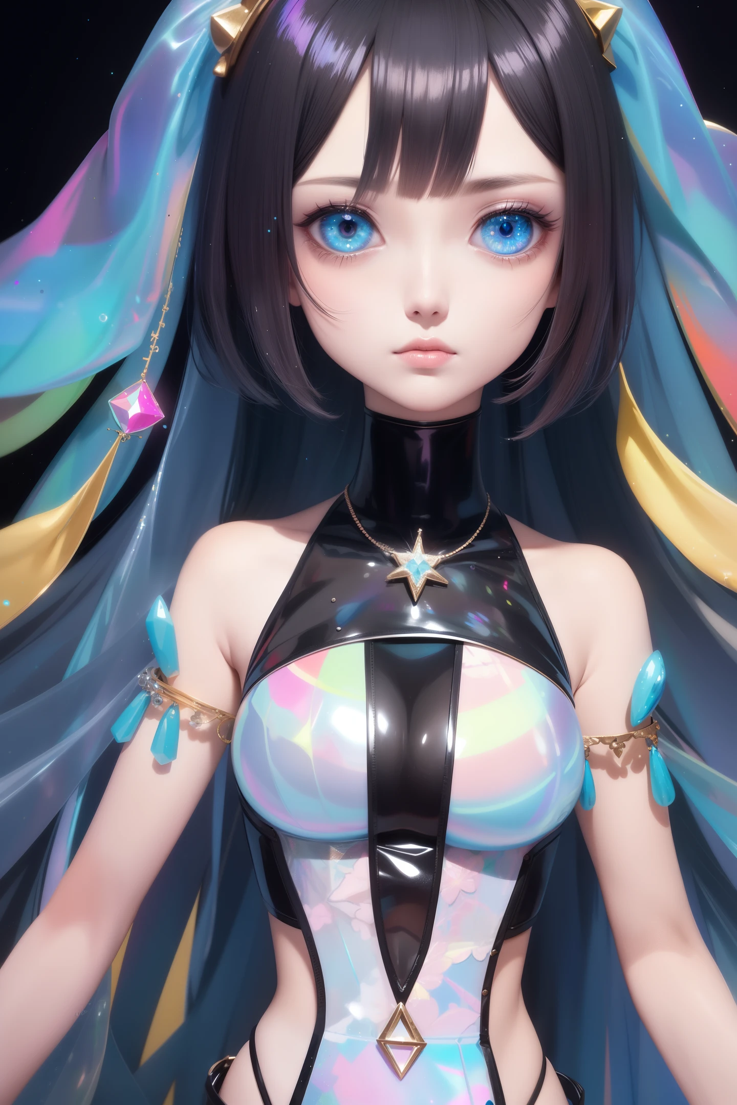 1 girl wears colorful transparent pvc texture clothes with ((thin film interference)), whole body, perfect waist-hip ratio, prism, melancholy expression, beautiful eyes, brilliance, jewelry, portrait, game original painting, anime character concept design, beautiful face, beautiful light on black background