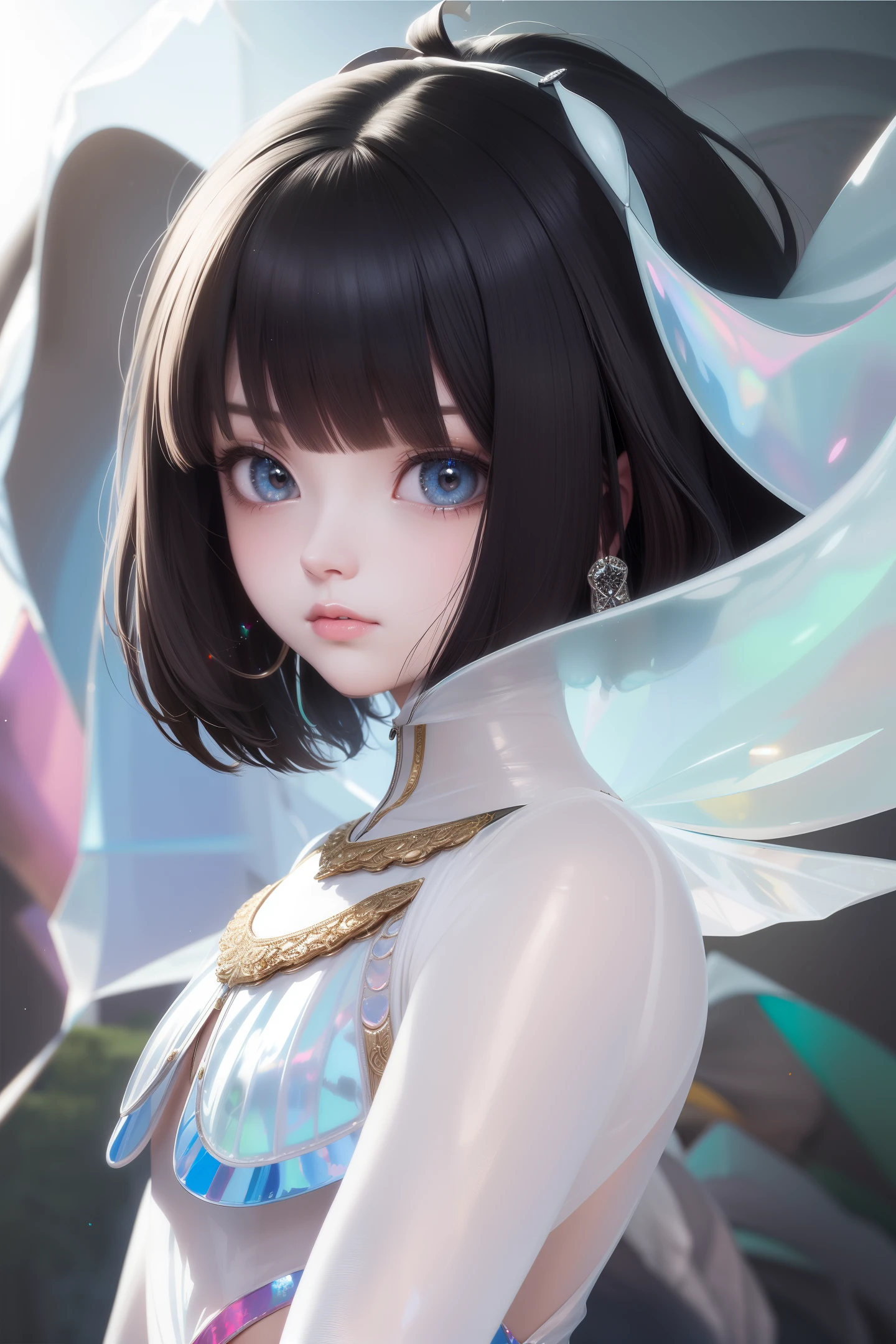 1 girl wears colorful transparent pvc texture clothes with ((thin film interference)), whole body, perfect waist-hip ratio, prism, melancholy expression, beautiful eyes, brilliance, jewelry, portrait, game original painting, anime character concept design, beautiful face, beautiful light on black background