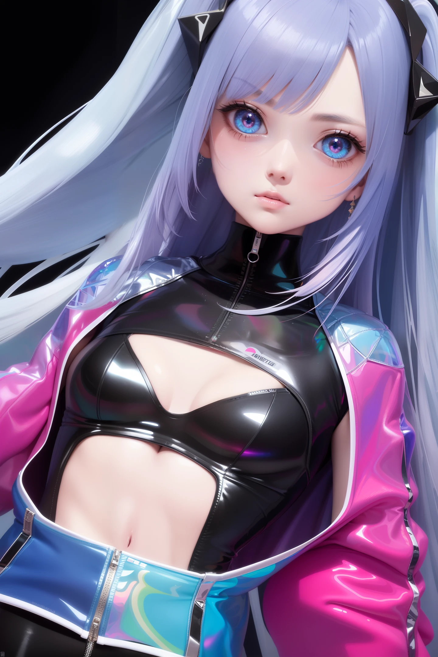1 girl wears colorful transparent pvc texture sport clothes with ((thin film interference)), whole body, perfect waist-hip ratio, prism, melancholy expression, beautiful eyes, brilliance, jewelry, portrait, game original painting, anime character concept design, beautiful face, black background